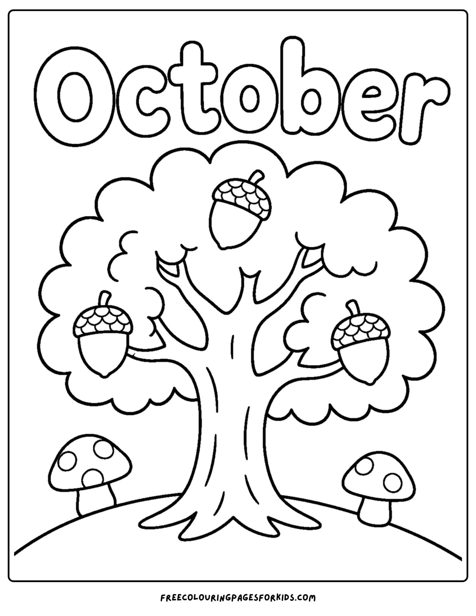 an october themed coloring page showing a big oak tree with acorns