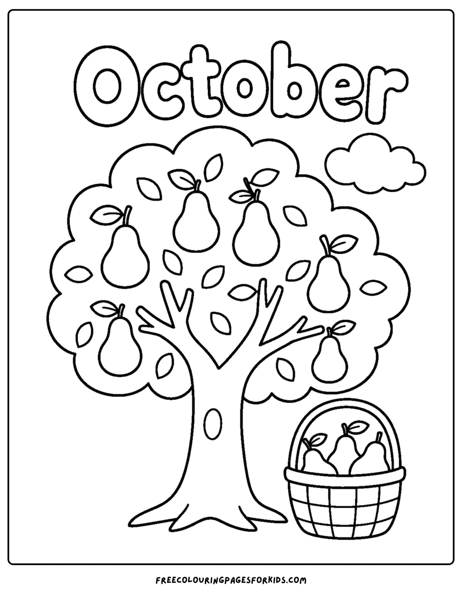 an october themed coloring page showing a pear tree being harvested