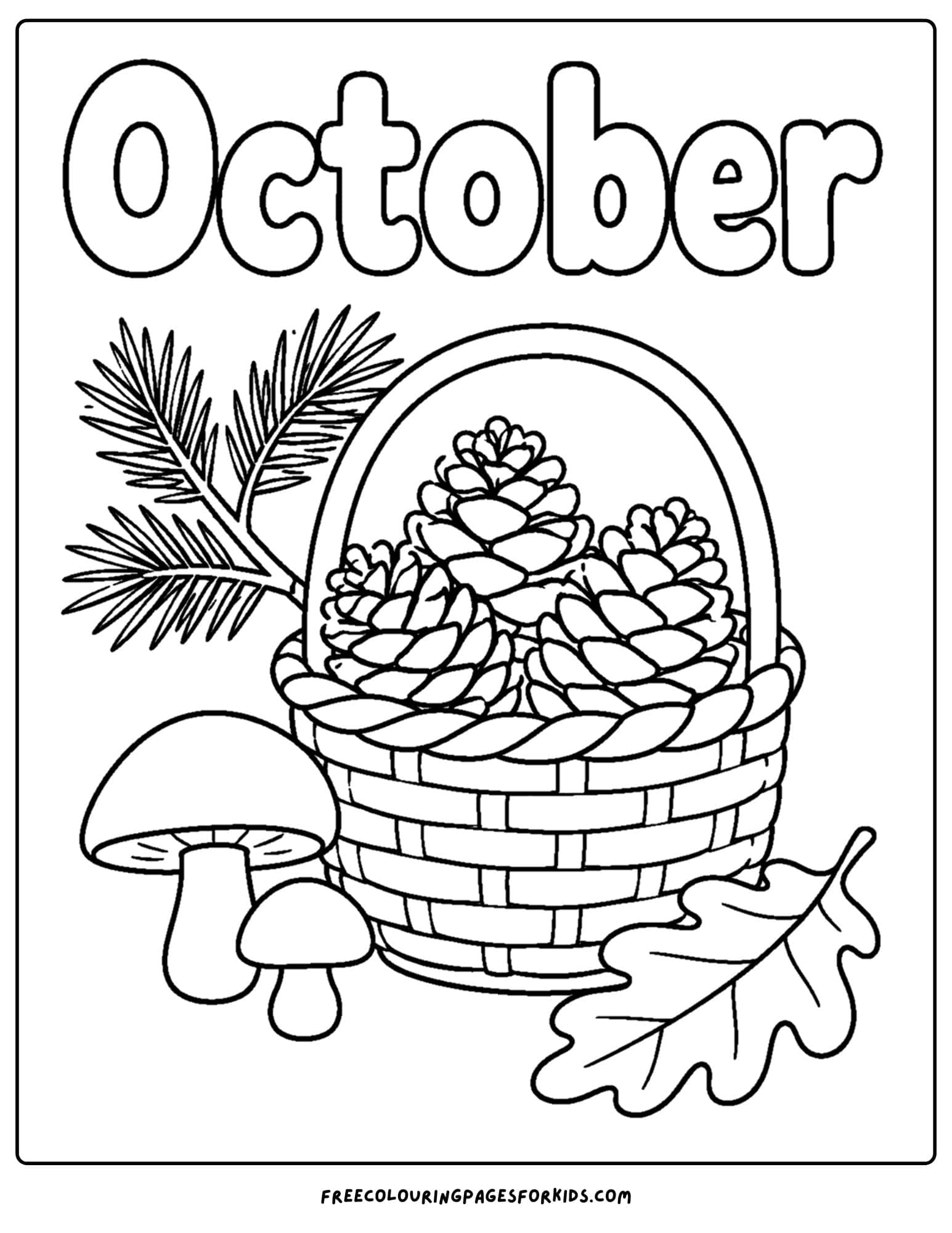 an october themed coloring page showing a basket of pinecones