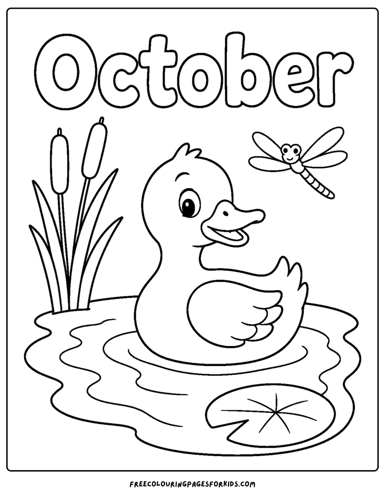 an october themed coloring page showing a duck on a pond