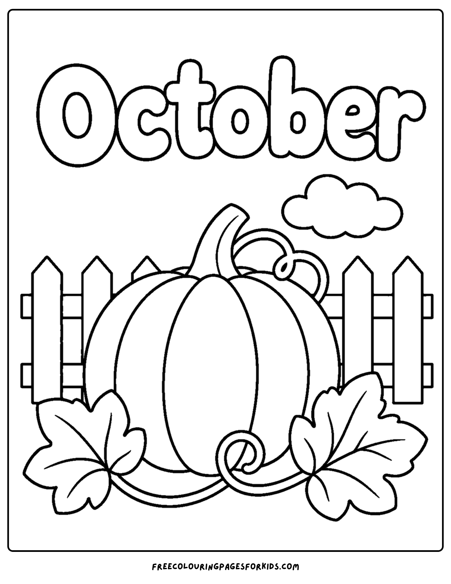 an october themed coloring page showing a giant pumpkin beside a fence