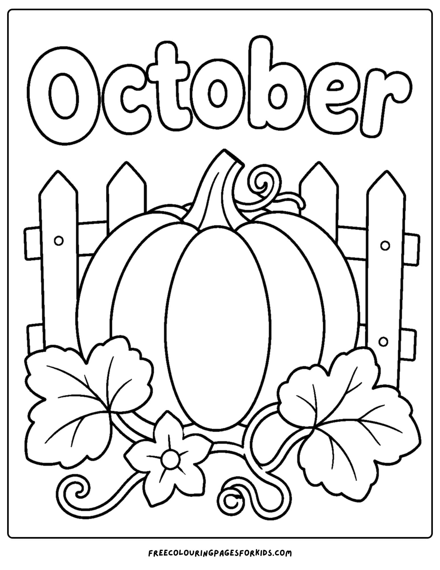 an october themed coloring page showing a pumpkin with a vine attached