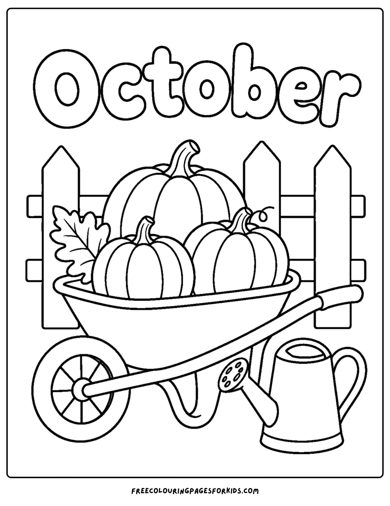 an october themed coloring page showing a wheelbarrow full of pumpkins