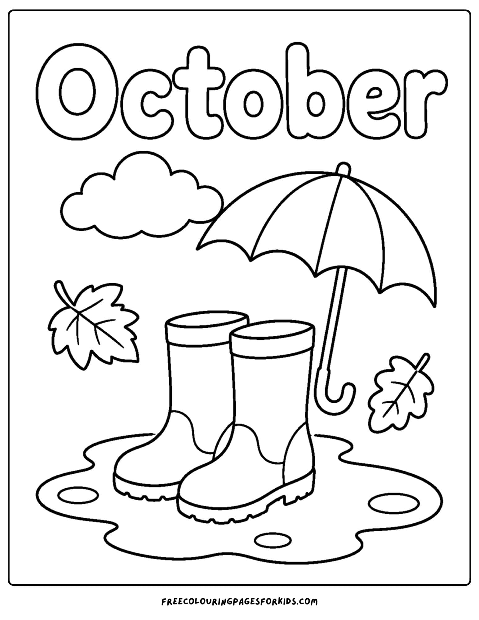 an october themed coloring page showing a pair of rain boots and umbrella