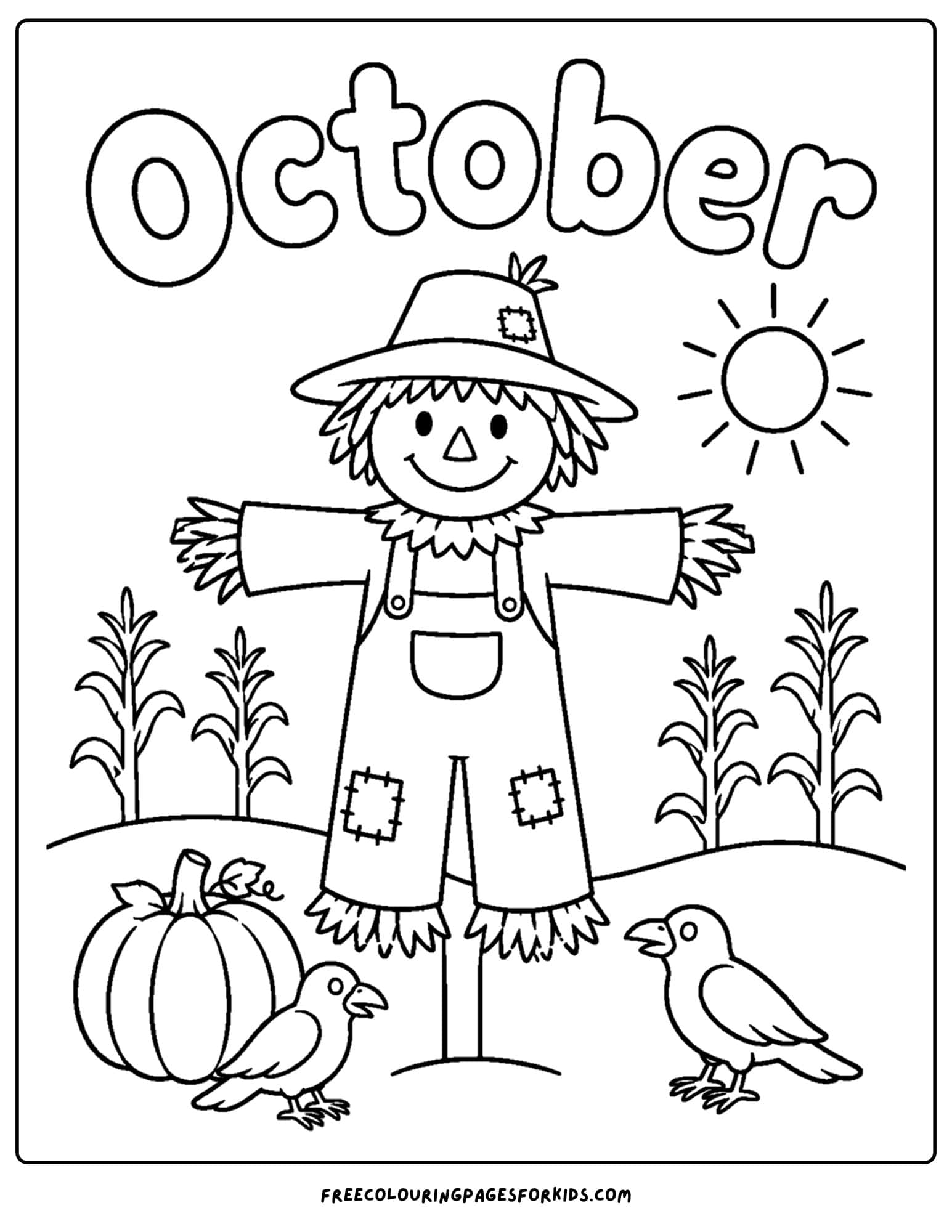 an october themed coloring page showing a scarecrow in a field with a pumpkin next to it