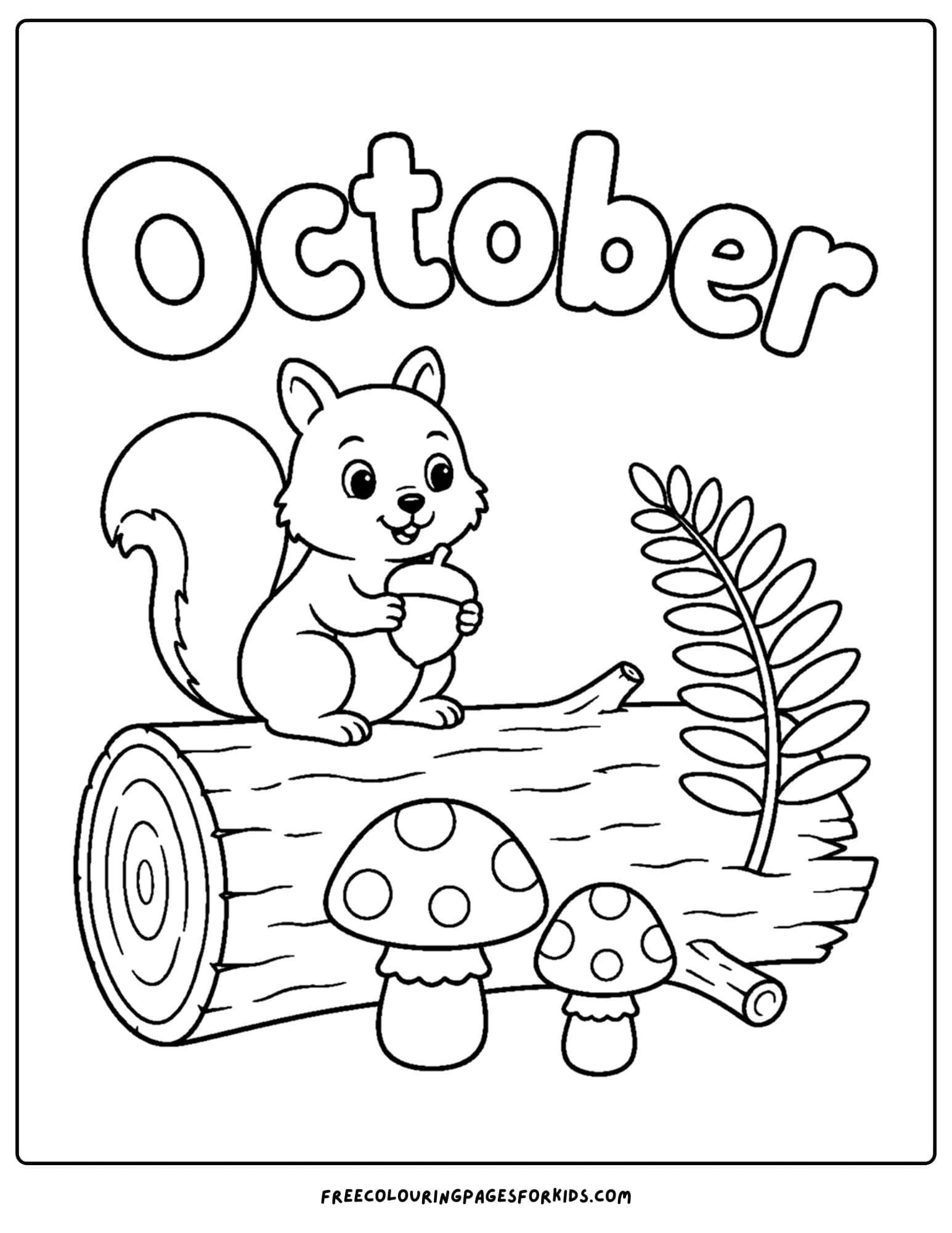 an october themed coloring page showing a squirrel sitting on a log