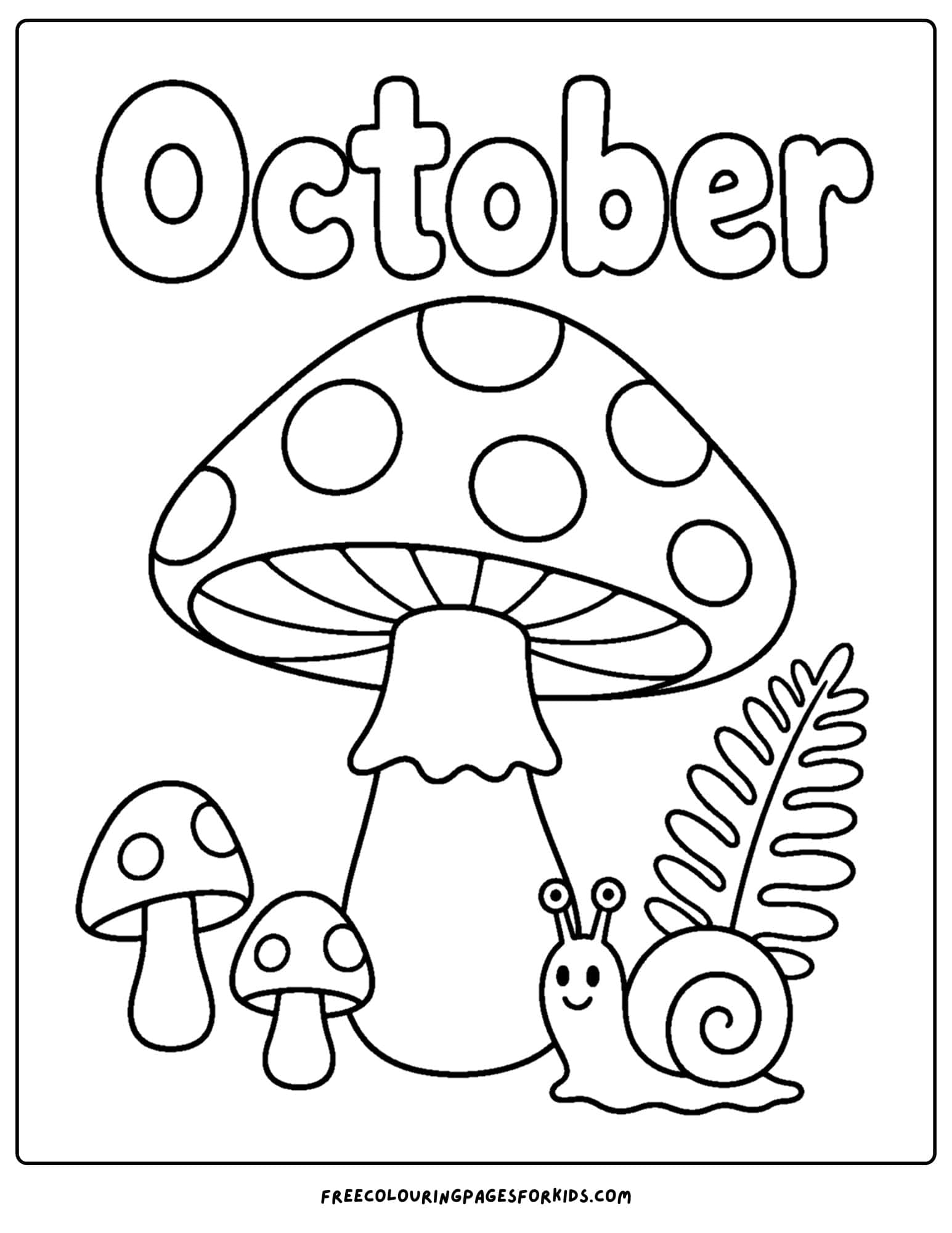 an october themed coloring page showing a giant mushroom beside a snail