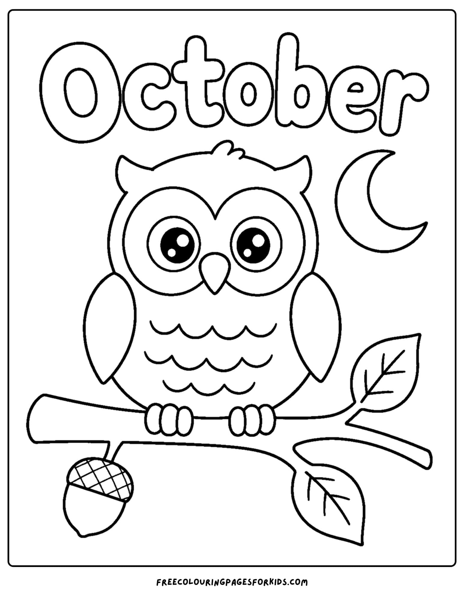 an october themed coloring page showing an owl on a tree branch