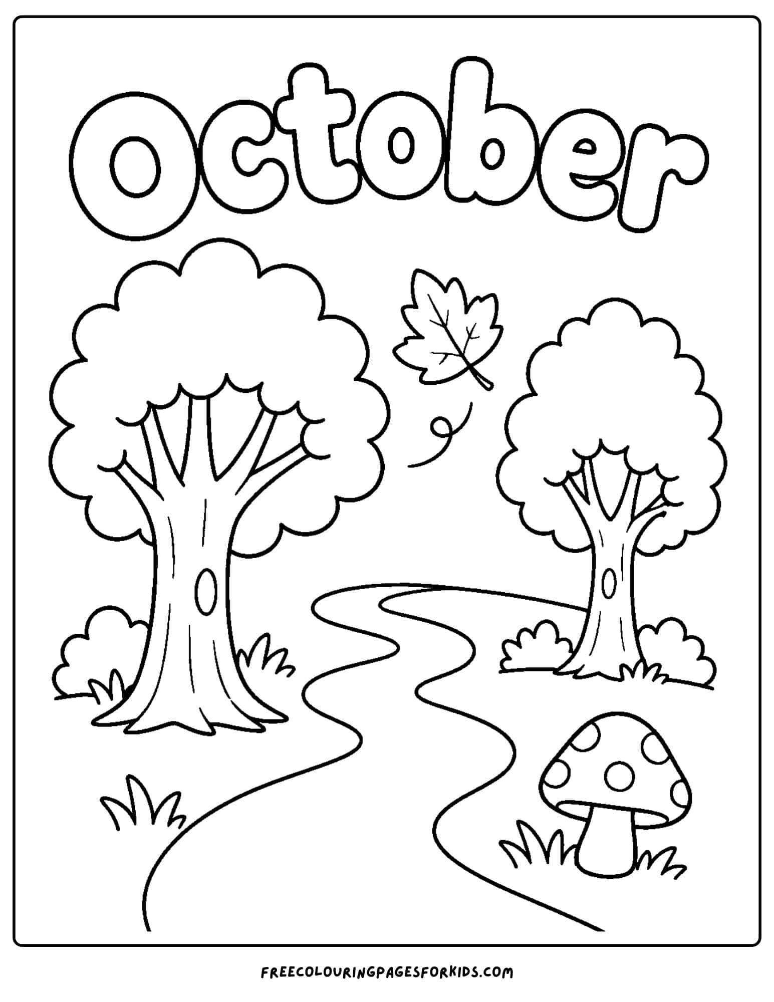 an october themed coloring page showing a woodland path leading up between trees