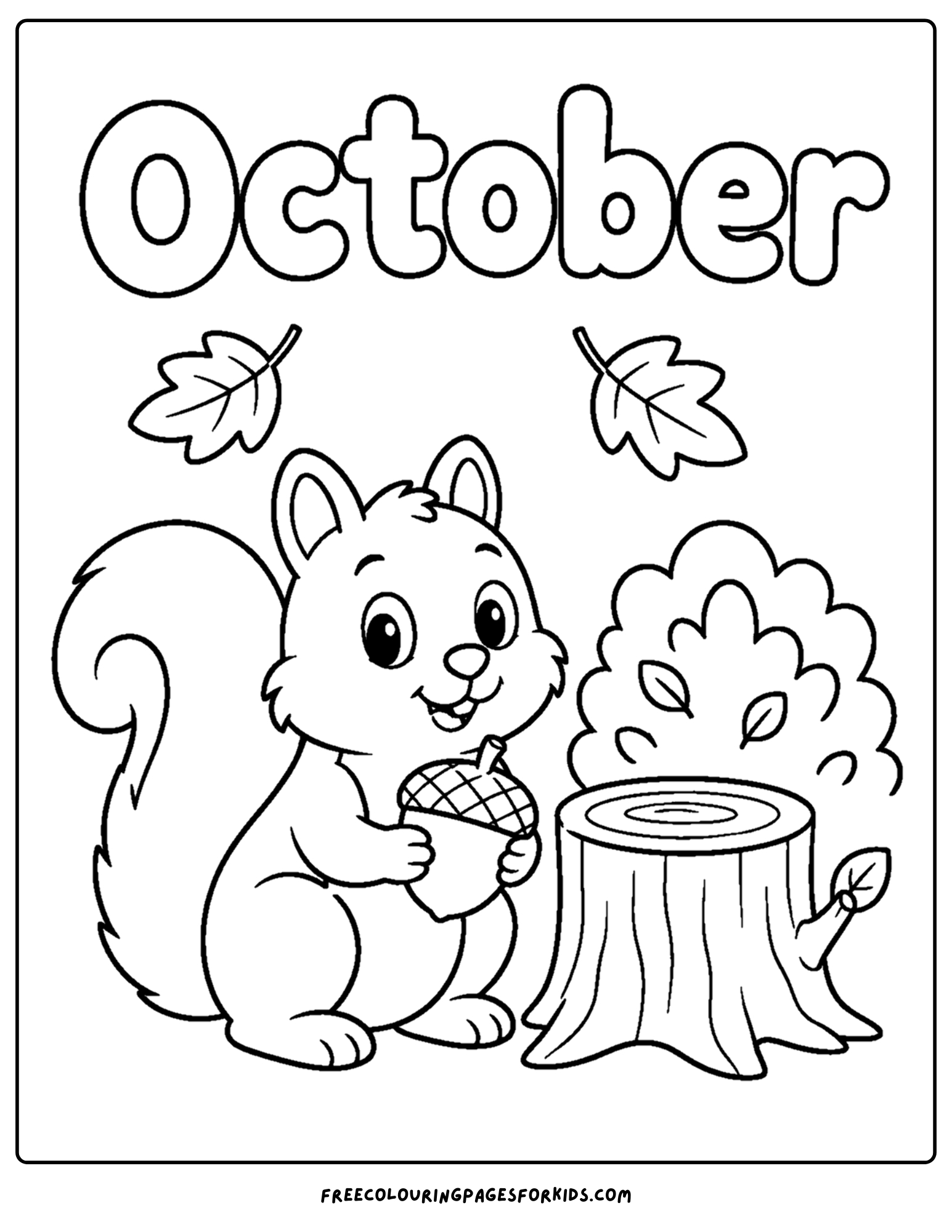 an october themed coloring page showing a squirrel holding an acorn beside a tree stump