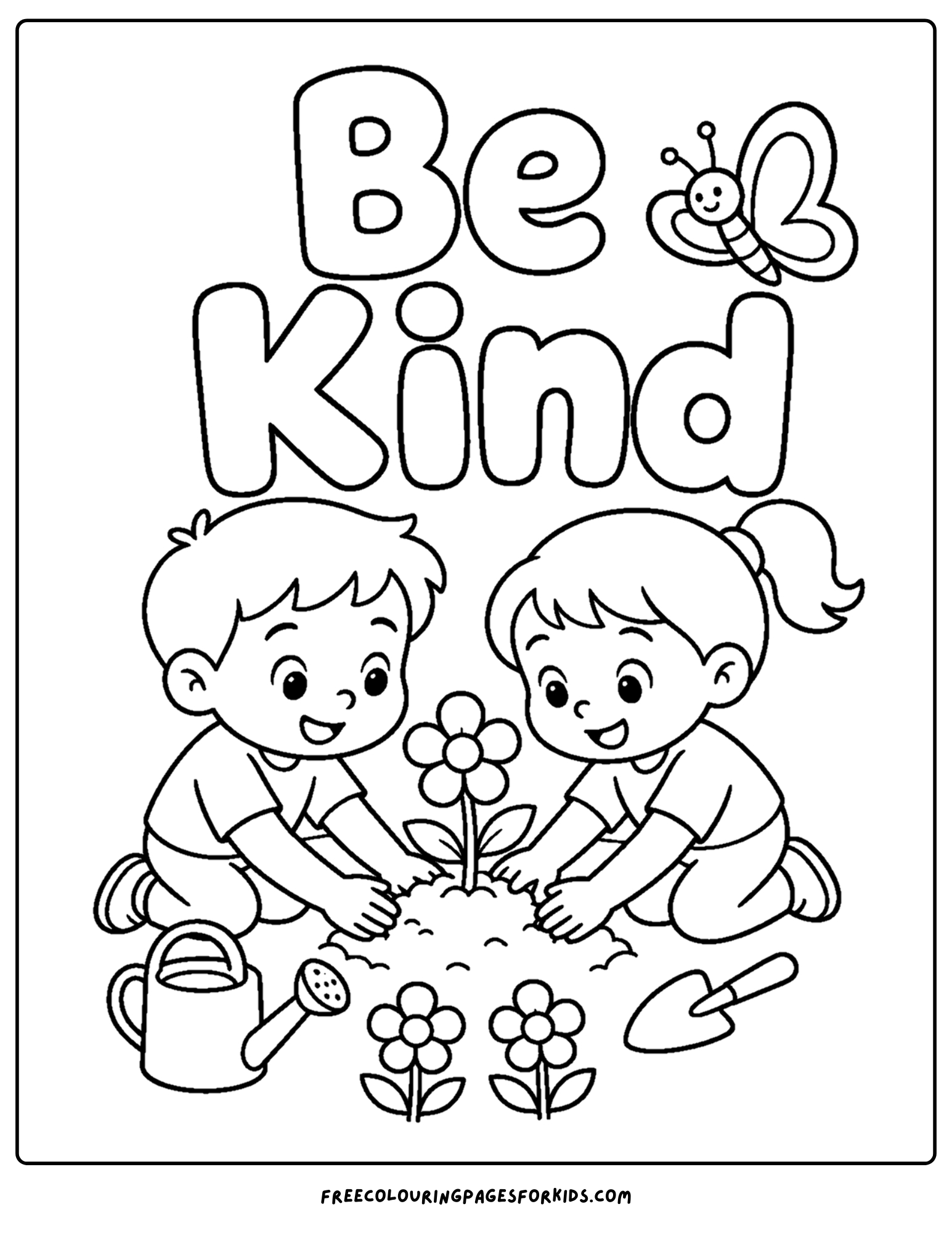 a positive words coloring page showing the words be kind as kids plant flowers together