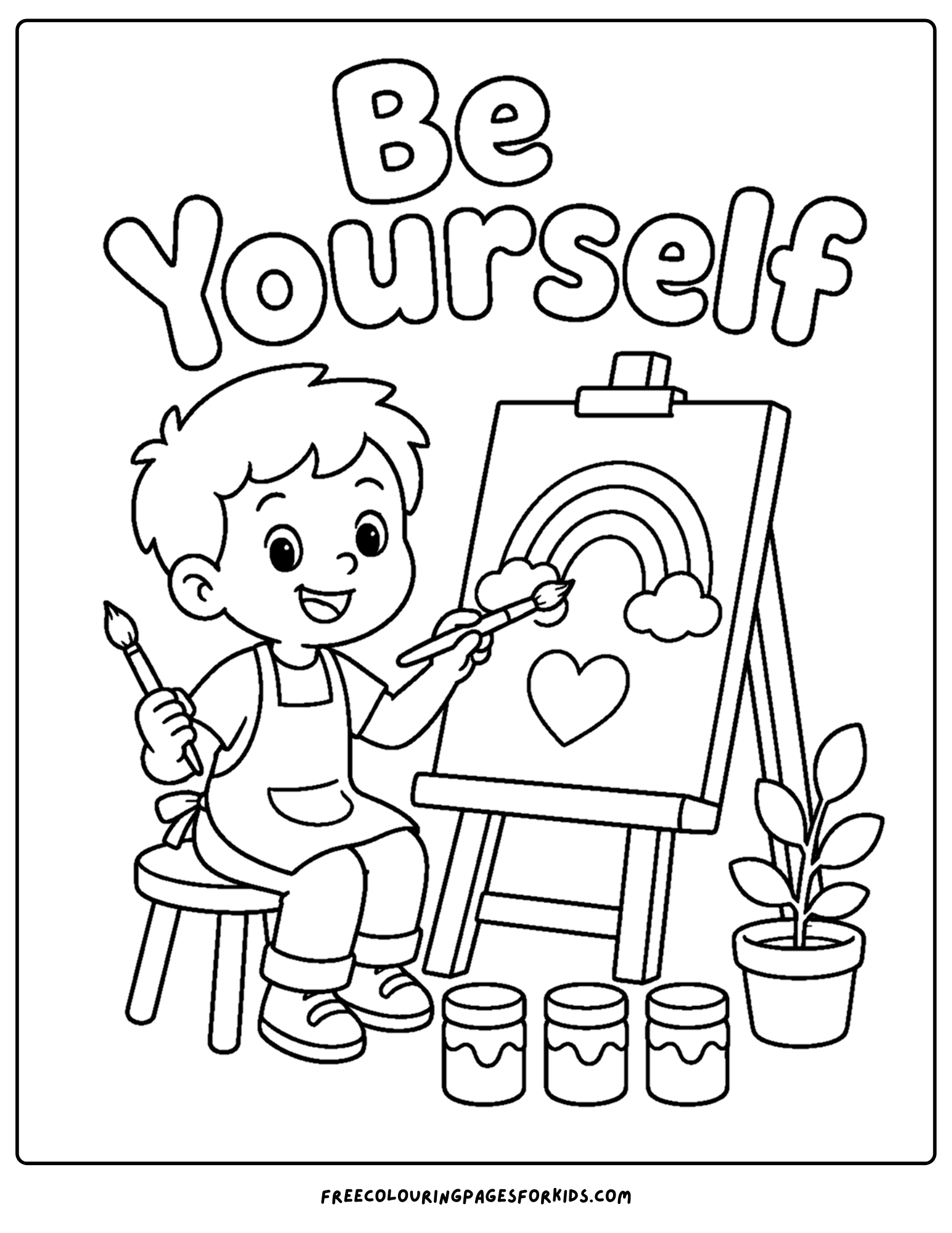a positive words coloring page showing the words be yourself as a child paints a picture