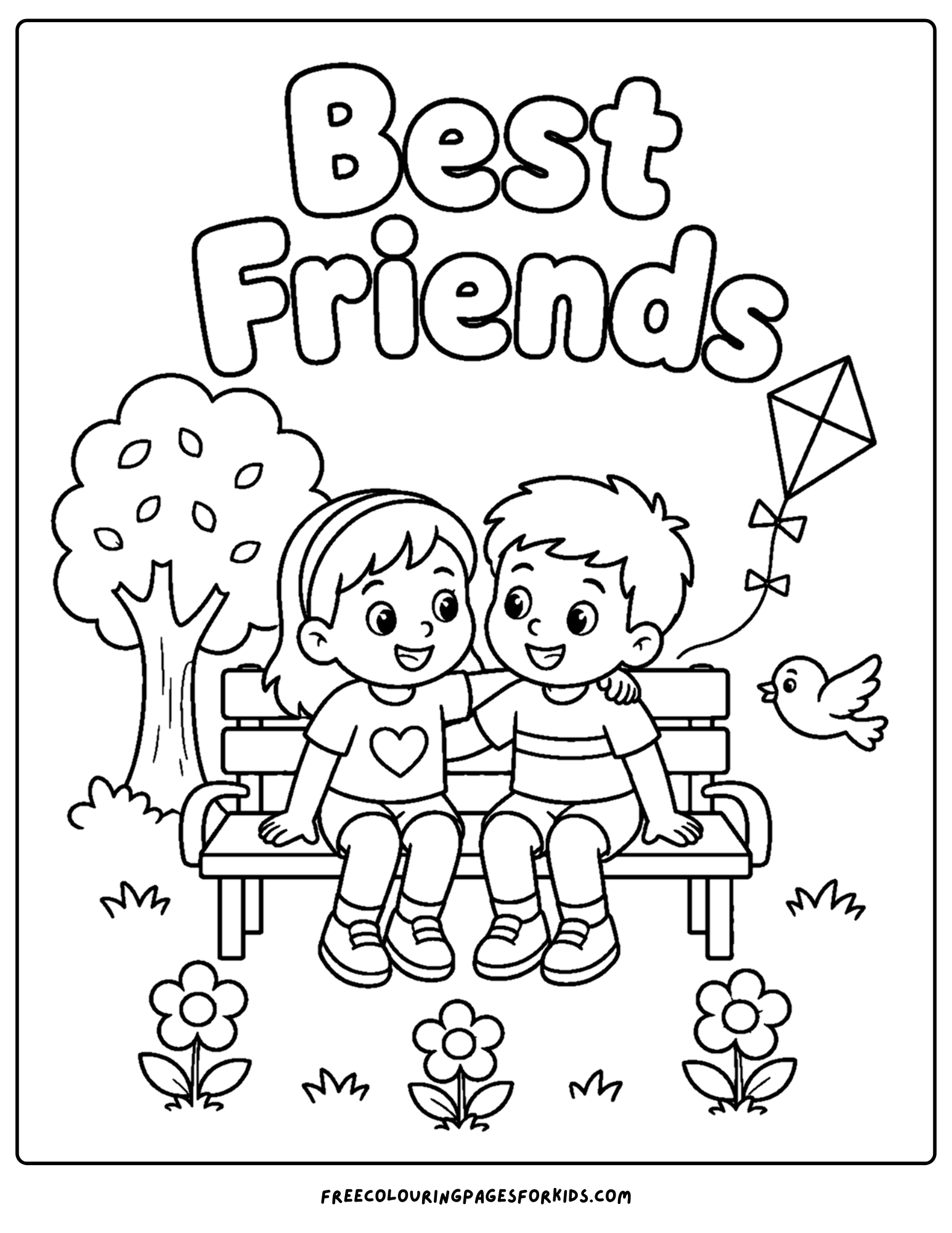 a positive words coloring page showing the words best friends as two kids sit on a bench seat together