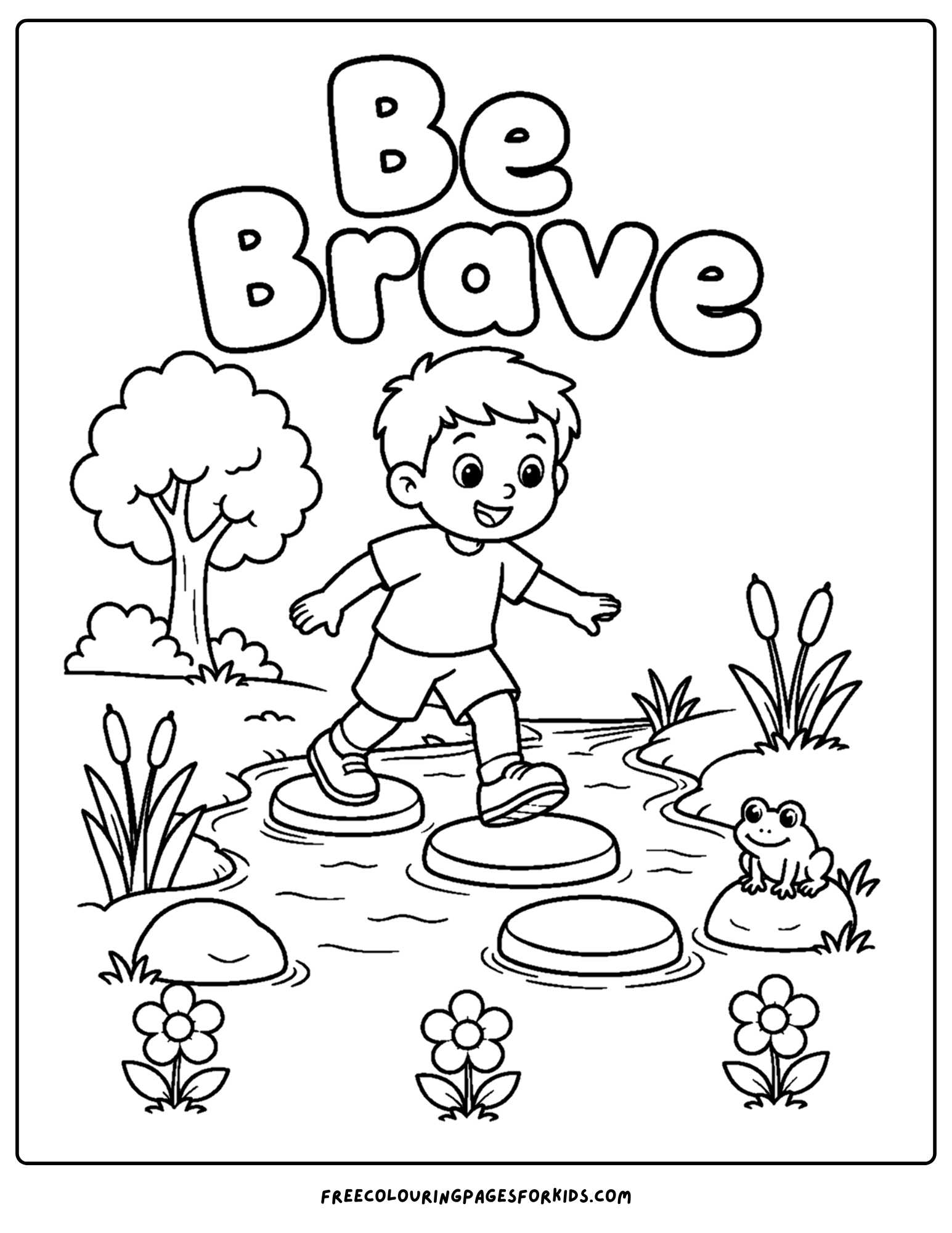 a positive words coloring page showing the words be brave with a kid jumping over rocks in a river