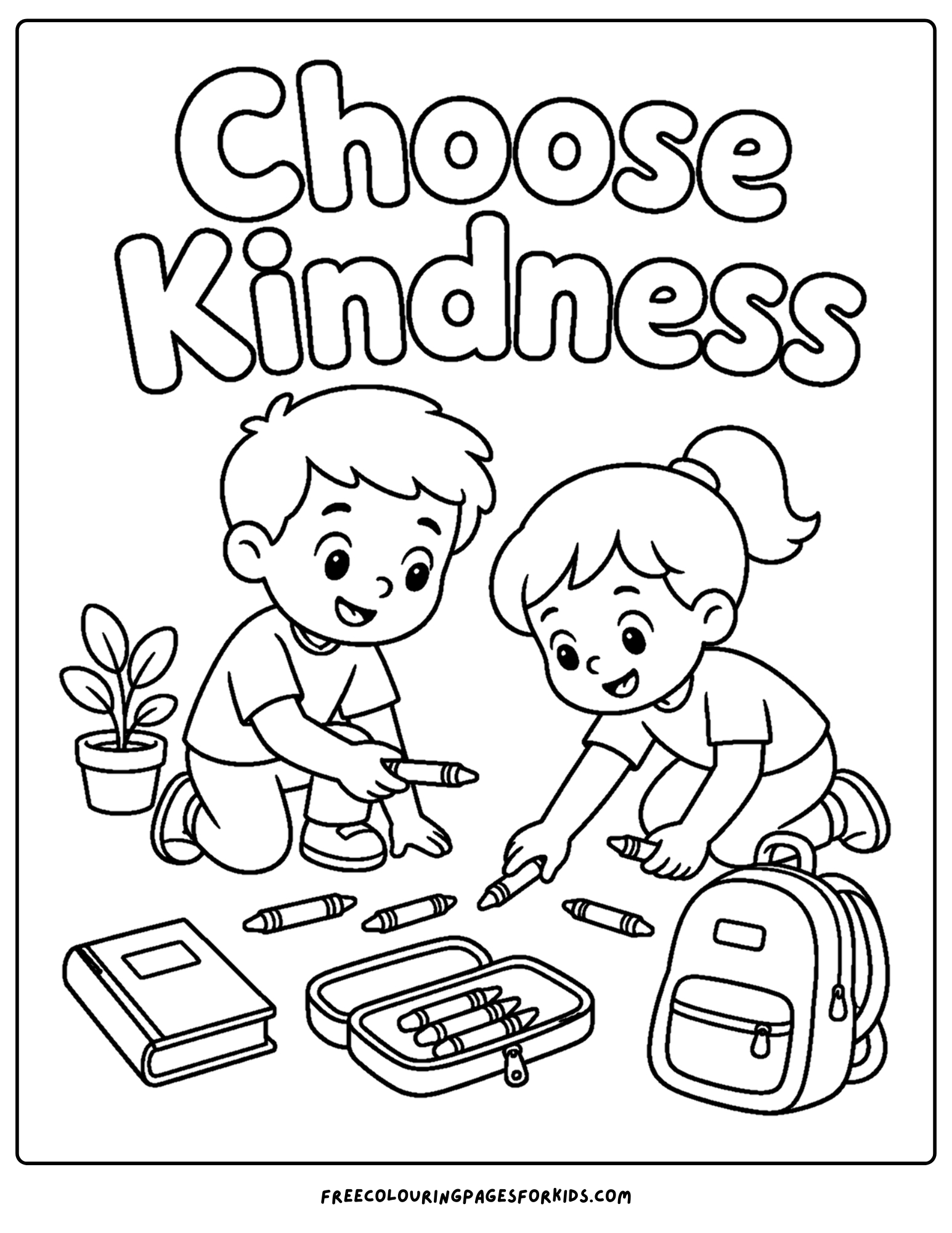 a positive words coloring page showing the words choose kindness with a child helping another pickup crayons