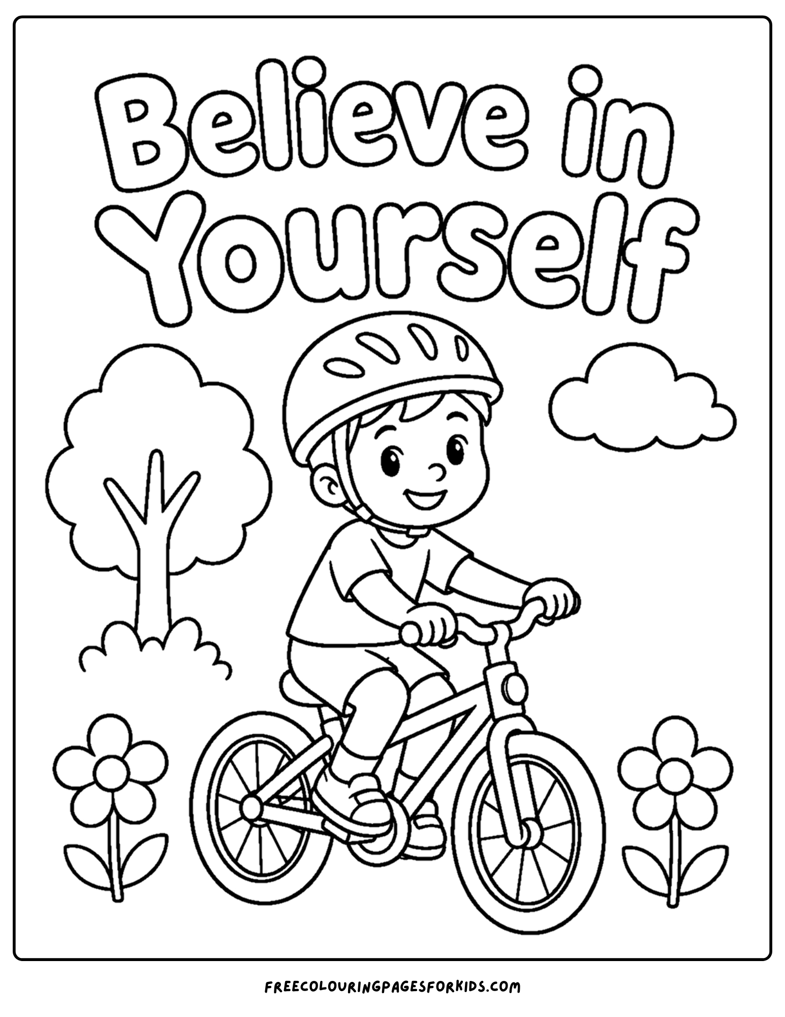 a positive words coloring page showing the words believe in yourself with a child riding a bike