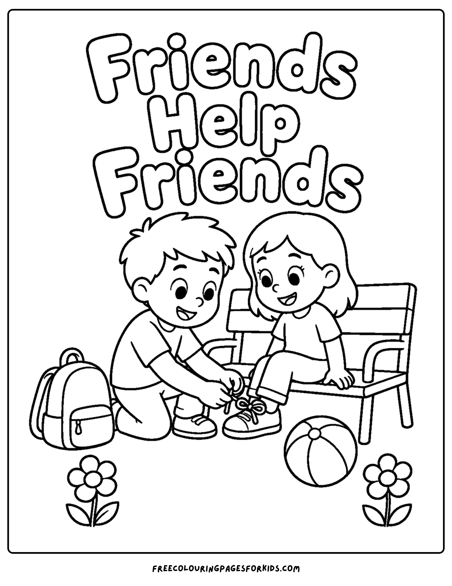 a positive words coloring page showing the words friends help friends as a child ties the shoe of a friend