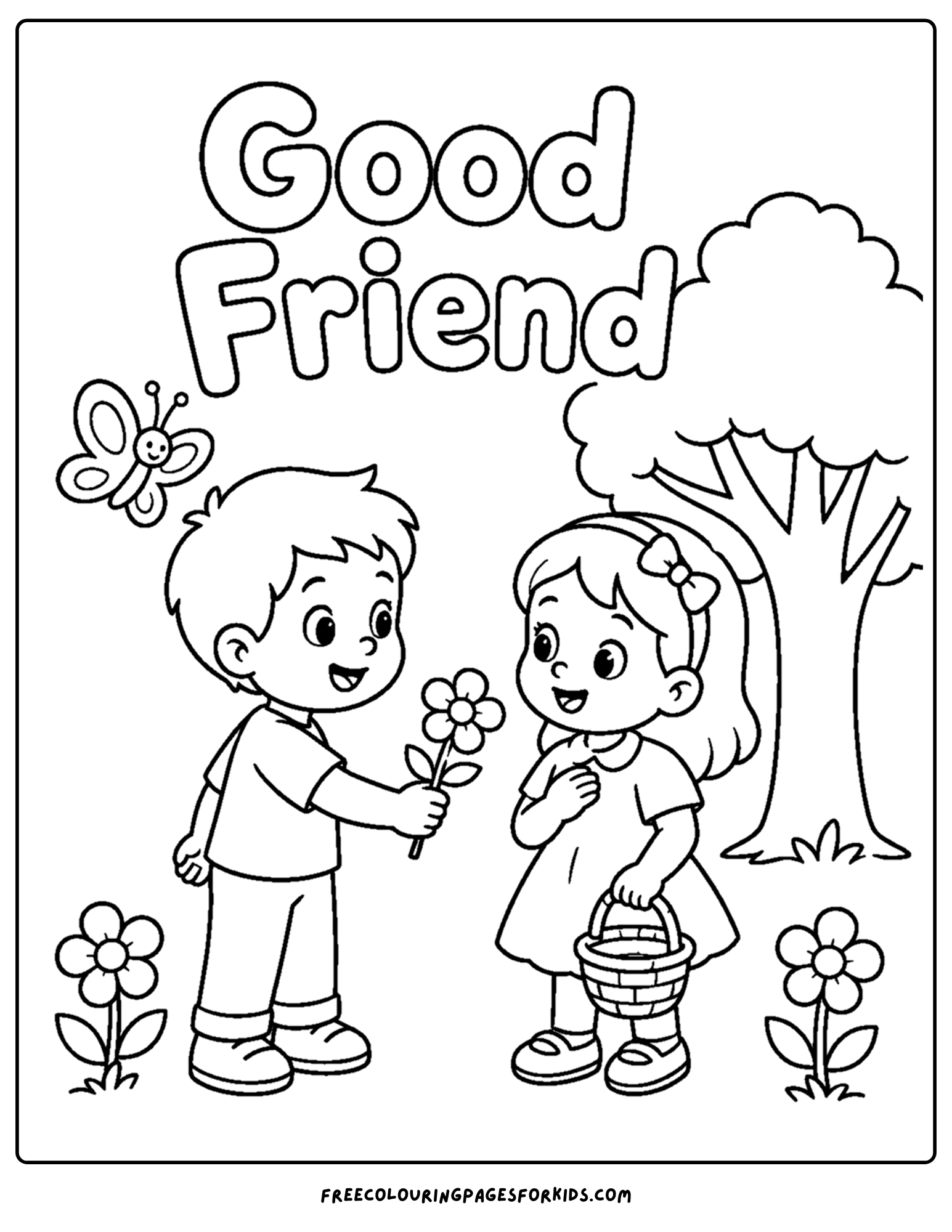 a positive words coloring page showing the words good friend where one kid gives another a flower