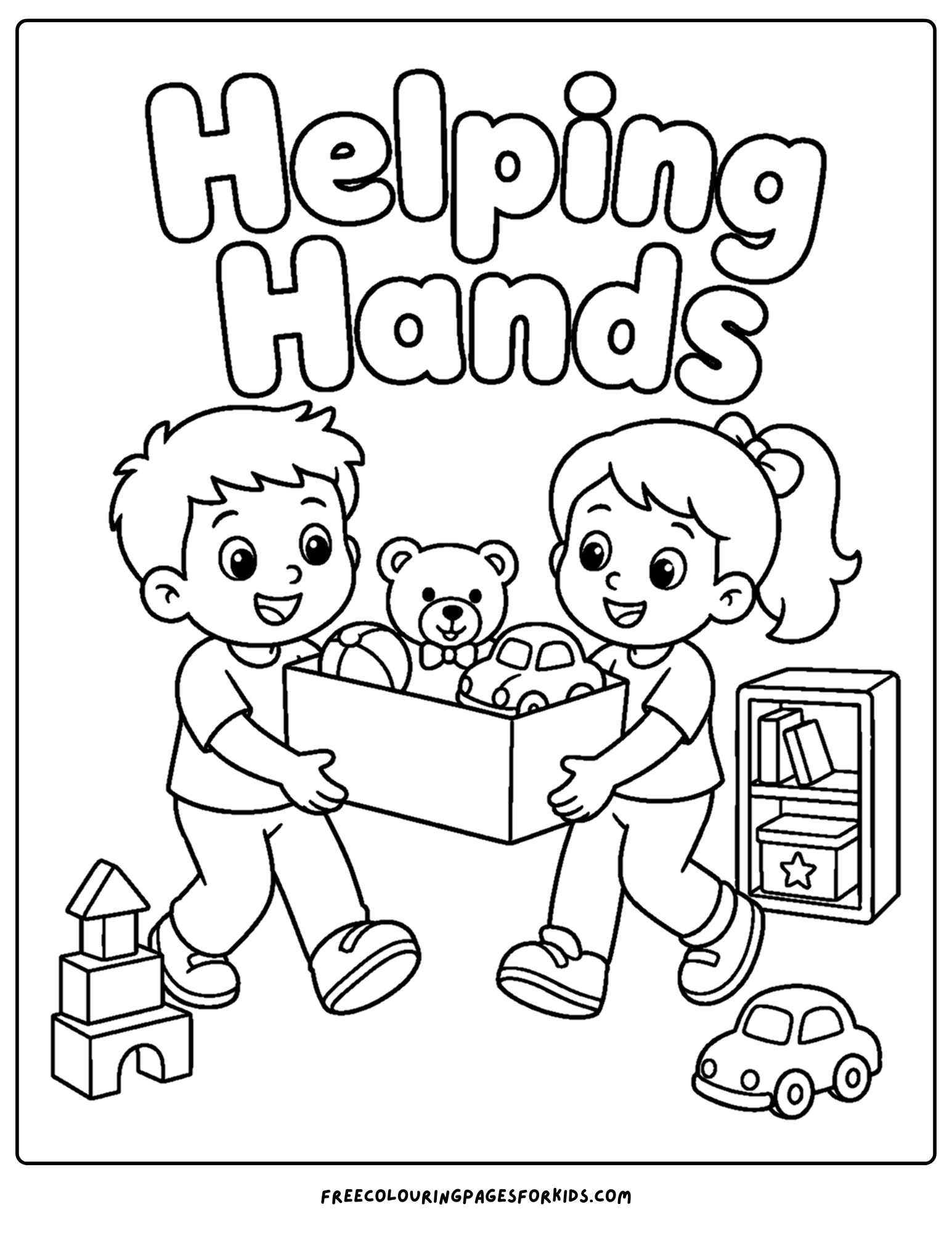a positive words coloring page showing the words helping hands as two kids carrying a box togther