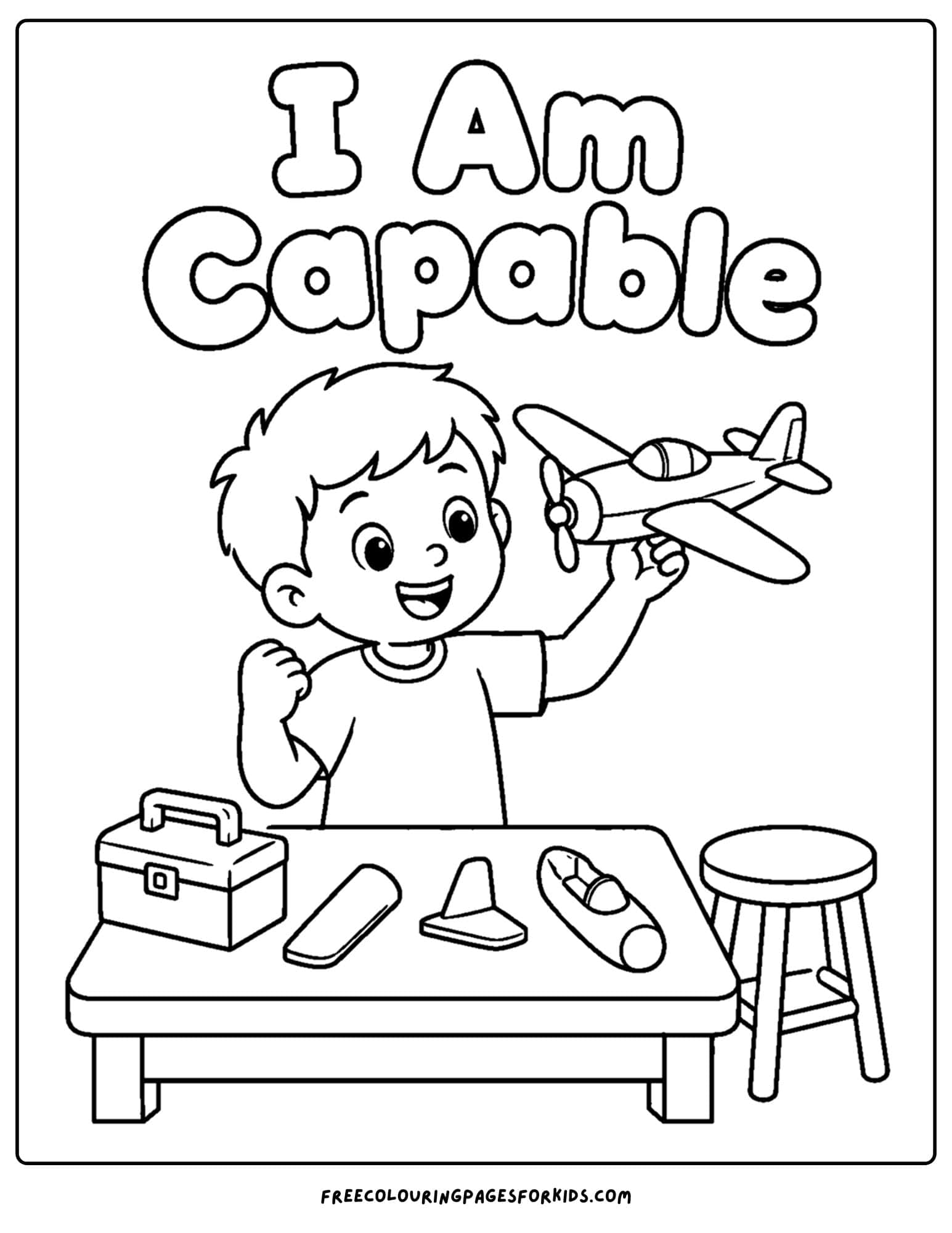 a positive words coloring page showing the words i am capable as a kid builds their own model plane