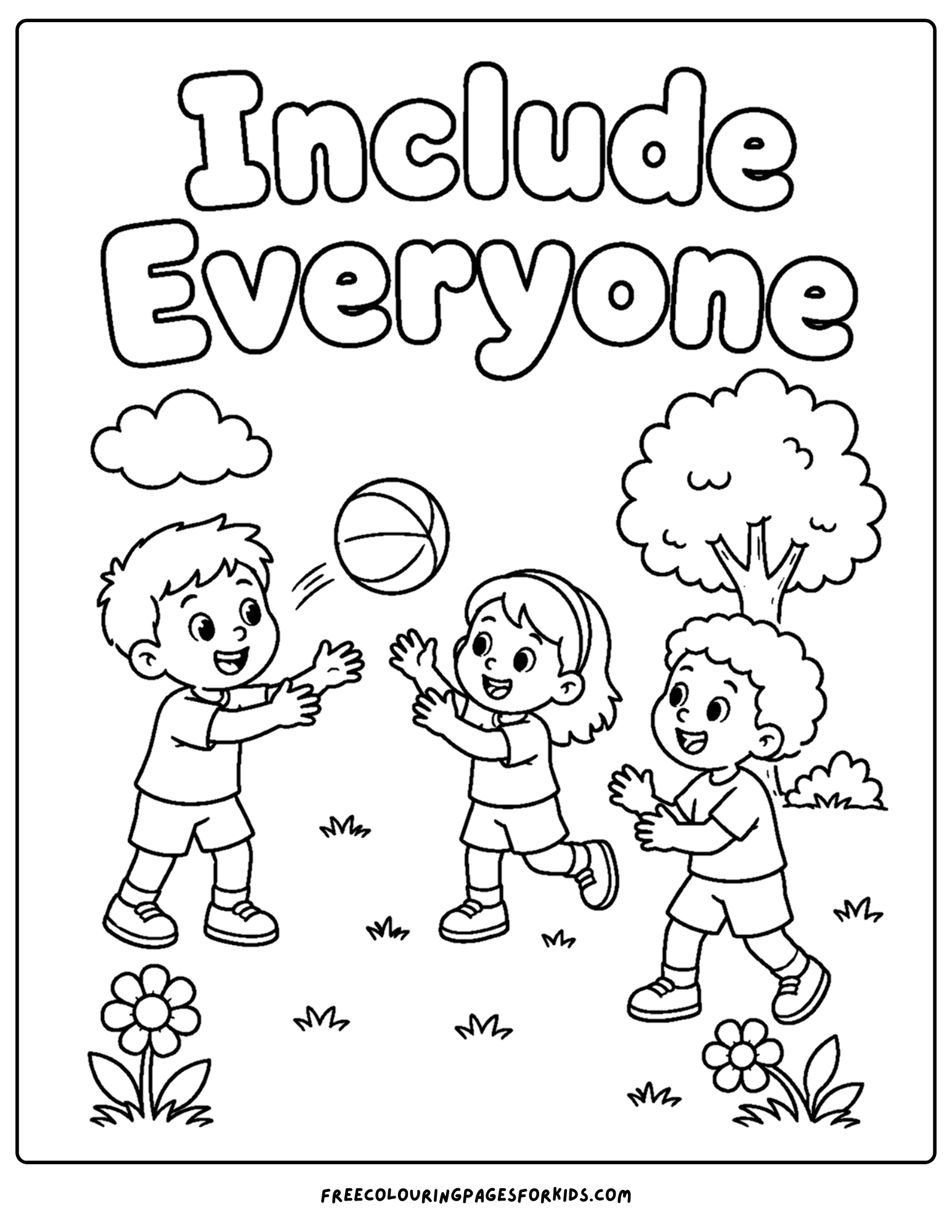 a positive words coloring page showing the words include everyone as kids play ball together