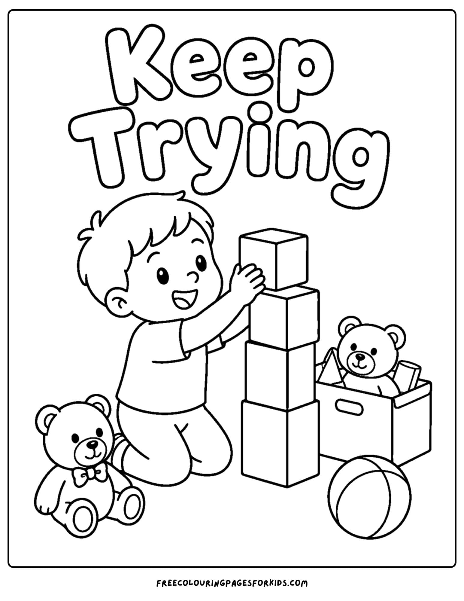 a positive words coloring page showing the words keep trying as a child builds a block tower