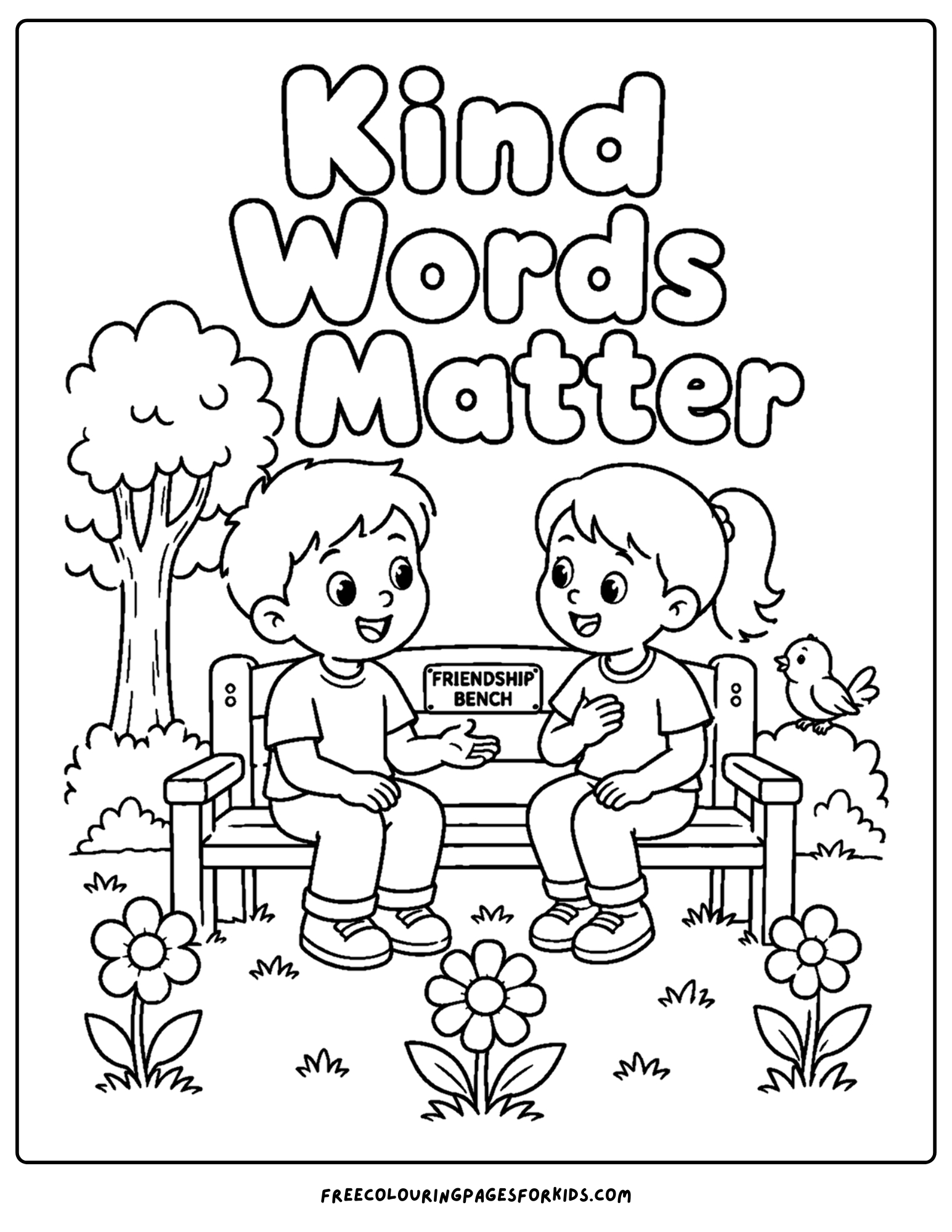 a positive words coloring page showing the words kind words matter with two kids sitting on a bench seat