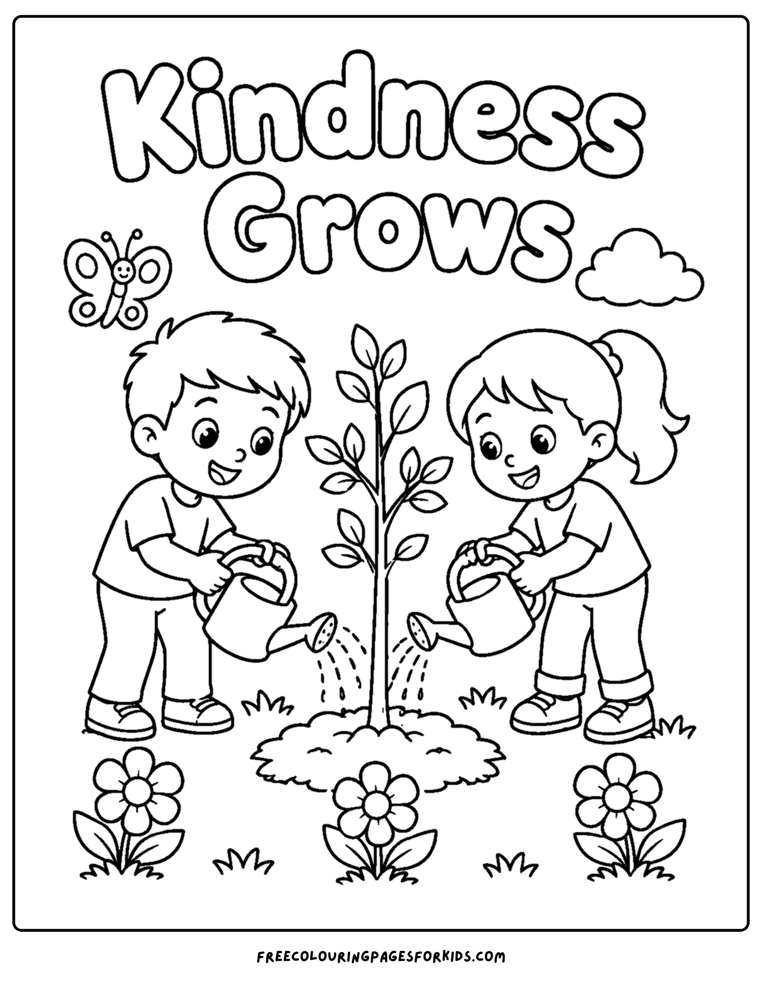 a positive words coloring page showing the words kindness grows with kids planting a tree