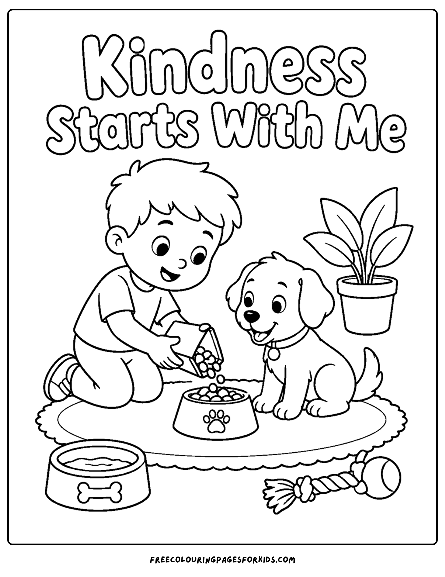 a positive words coloring page showing the words kindness starts with me and a child feeding a pet