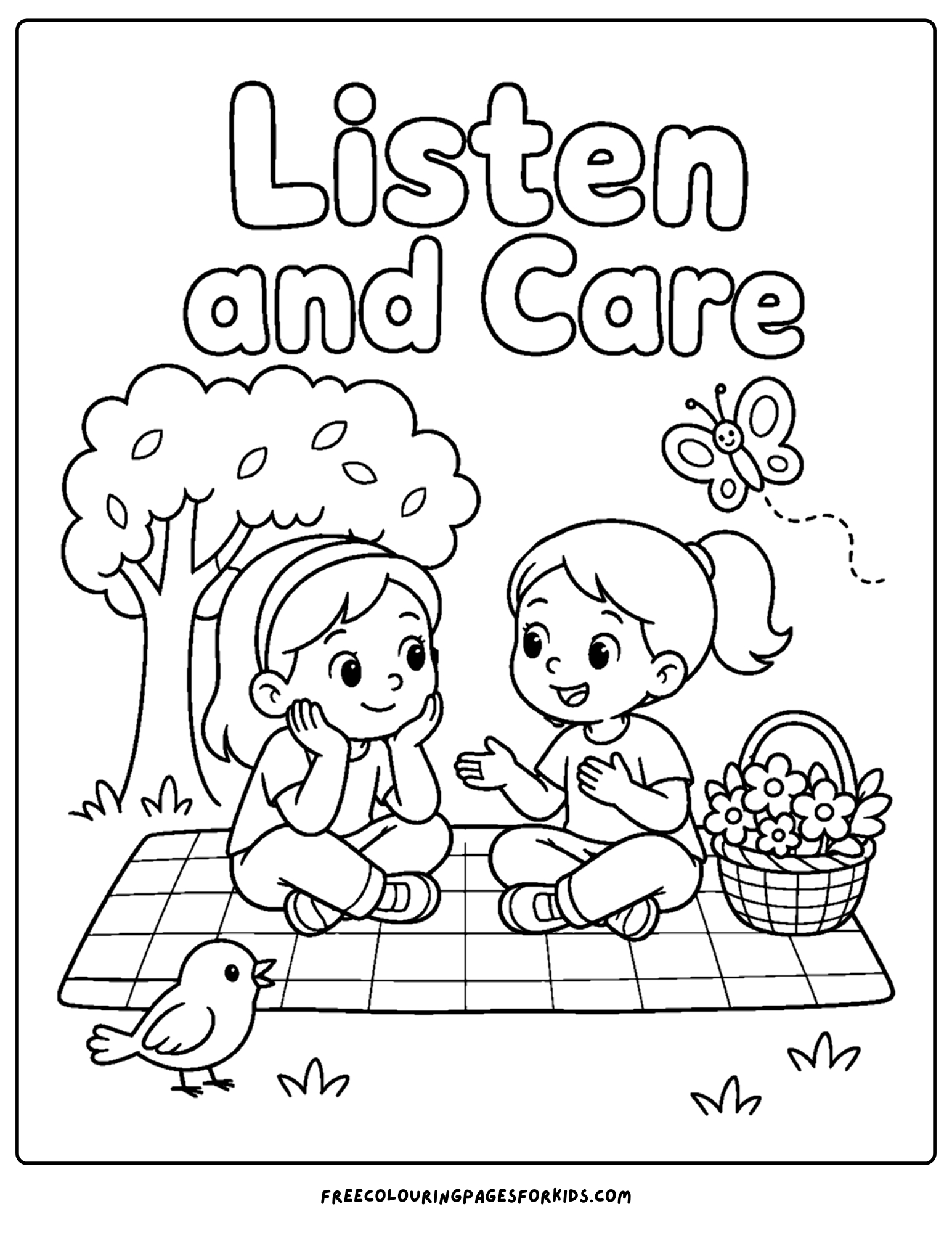 a positive words coloring page showing the words listen and care with two kids sitting and talking