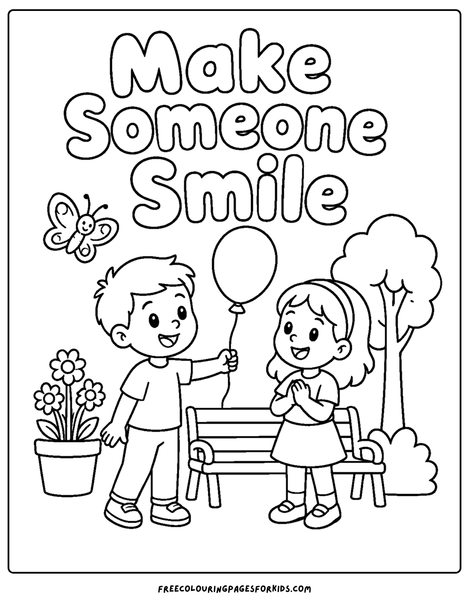 a positive words coloring page showing the words make someone smile with a kid giving another a balloon