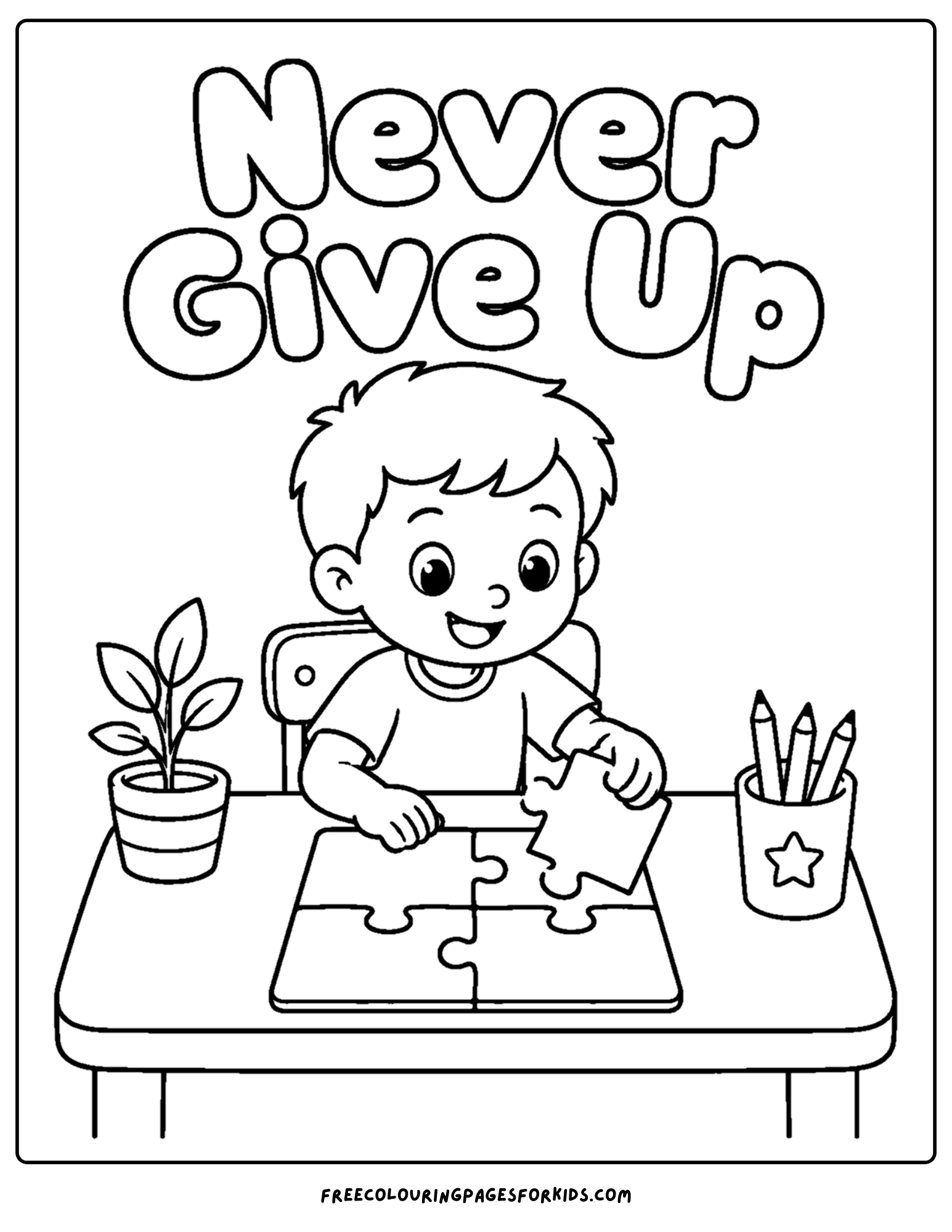 a positive words coloring page showing the words never give up with a kid doing a puzzle