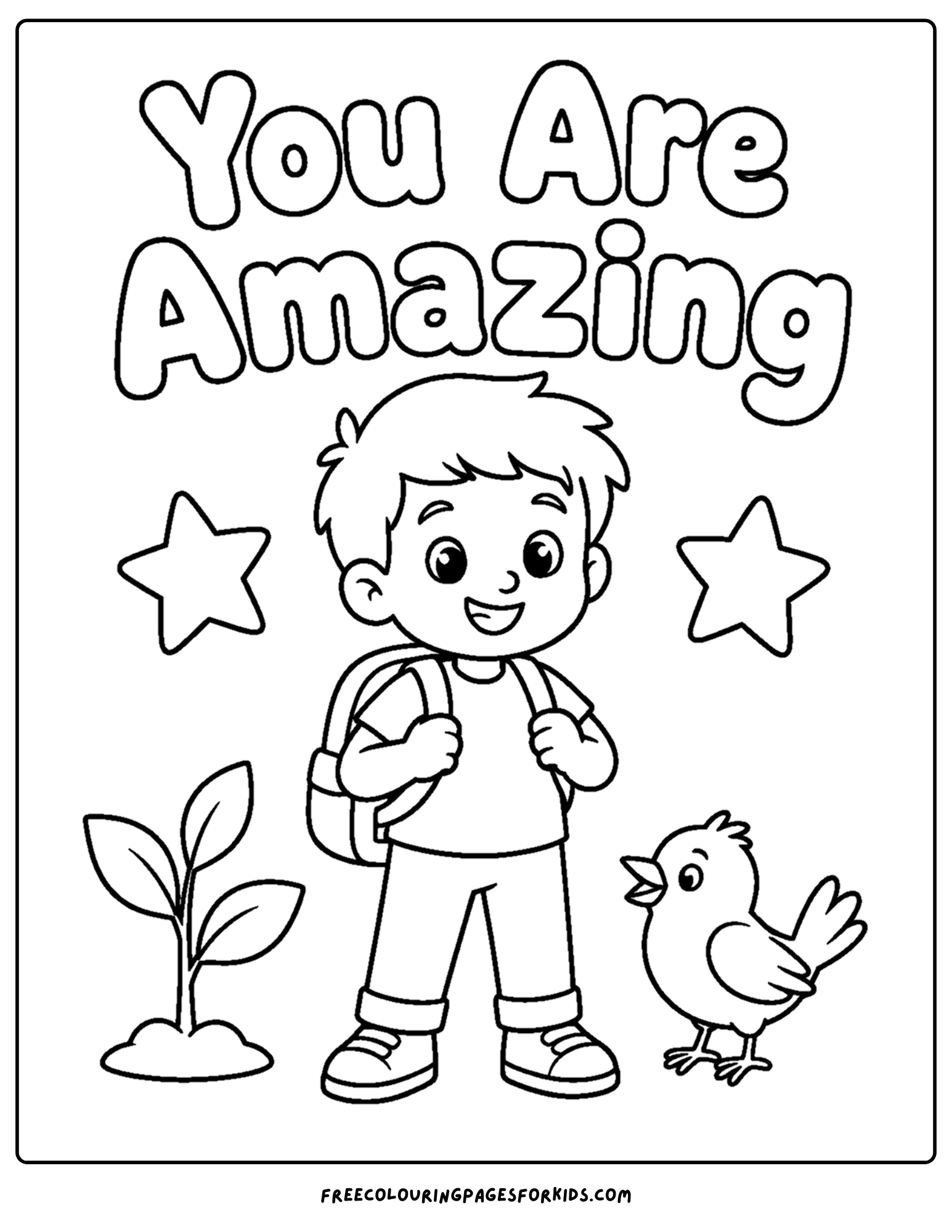 a positive words coloring page showing the words you are amazing with a child standing happily