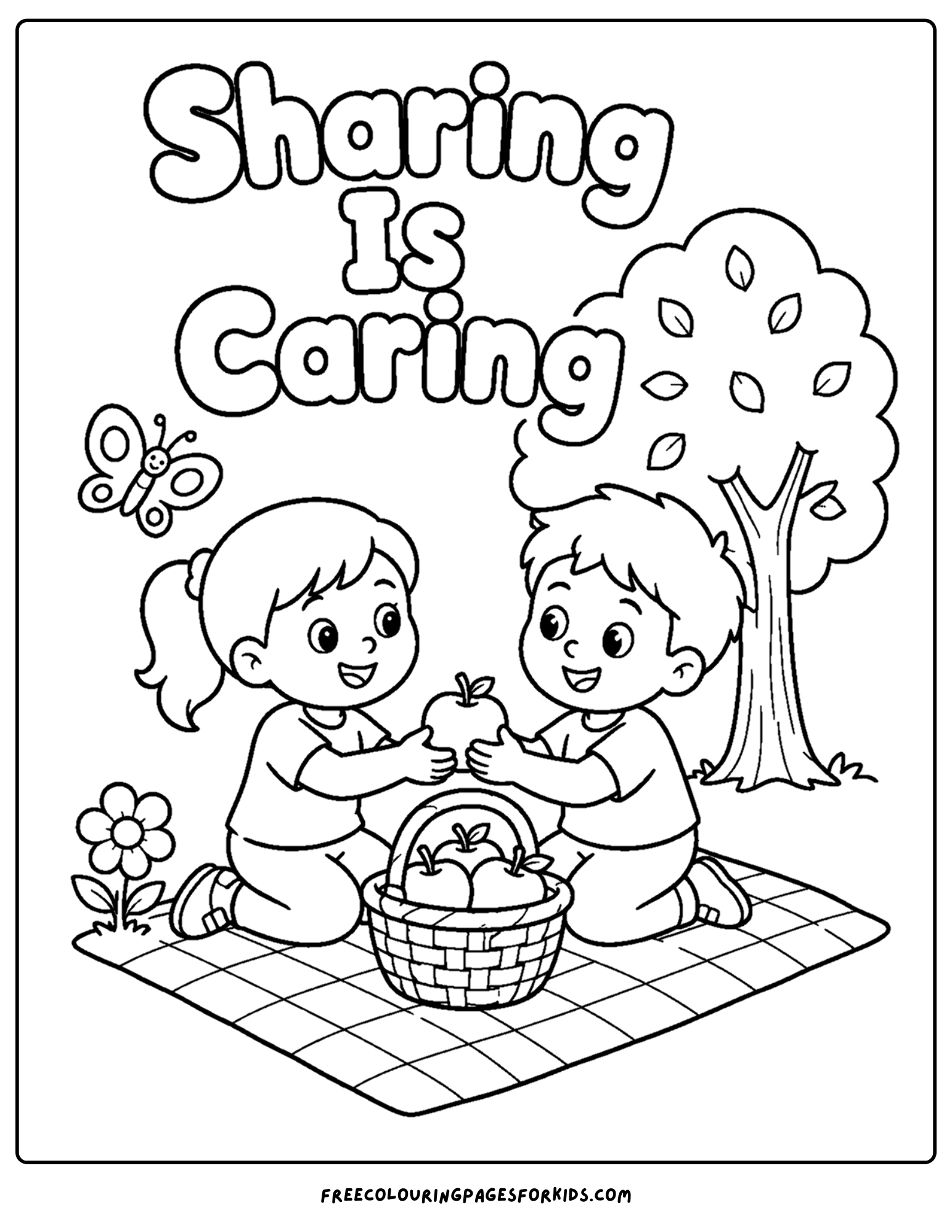 a positive words coloring page showing the words sharing is caring with kids sharing food at a picnic