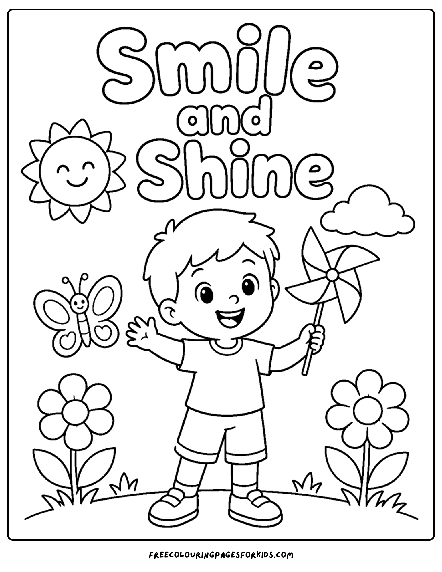 a positive words coloring page showing the words smile and shine with a happy child