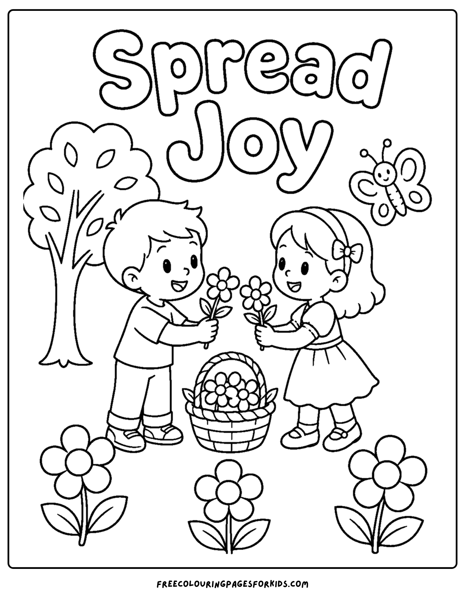 a positive words coloring page showing the words spread joy with kids giving each other flowers