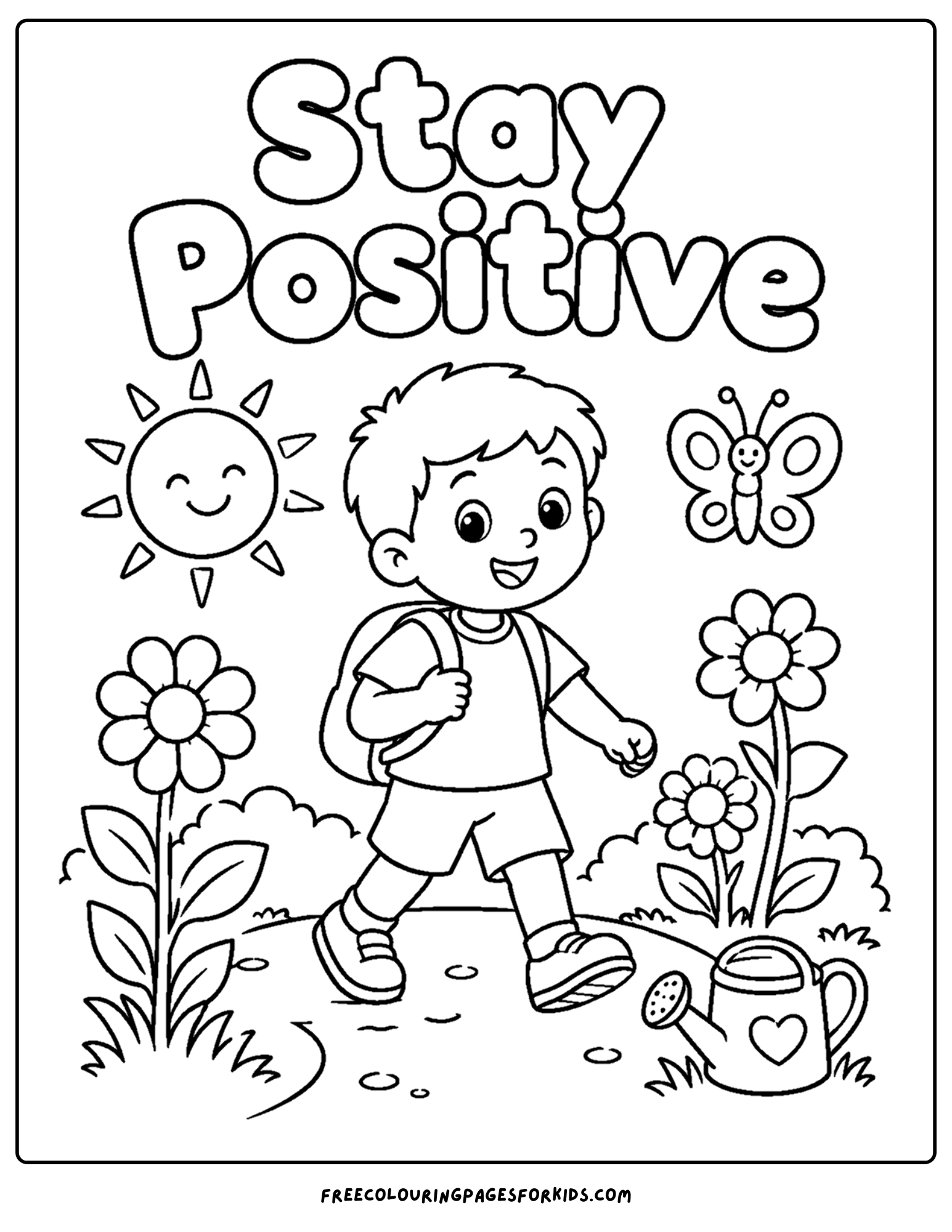 a positive words coloring page showing the words stay positive with a kid going for a walk with flowers around