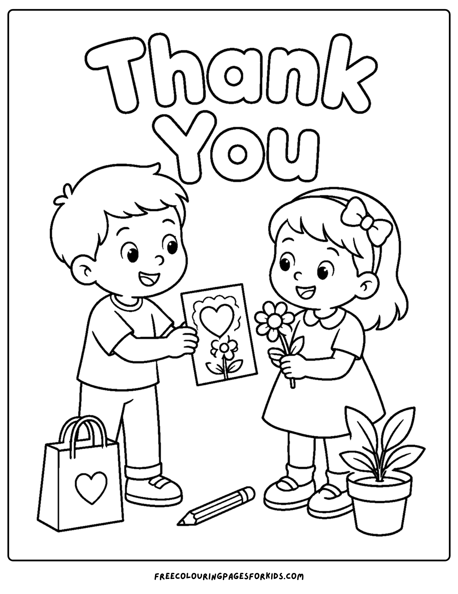 a positive words coloring page showing the words thank you with a child giving a card to another
