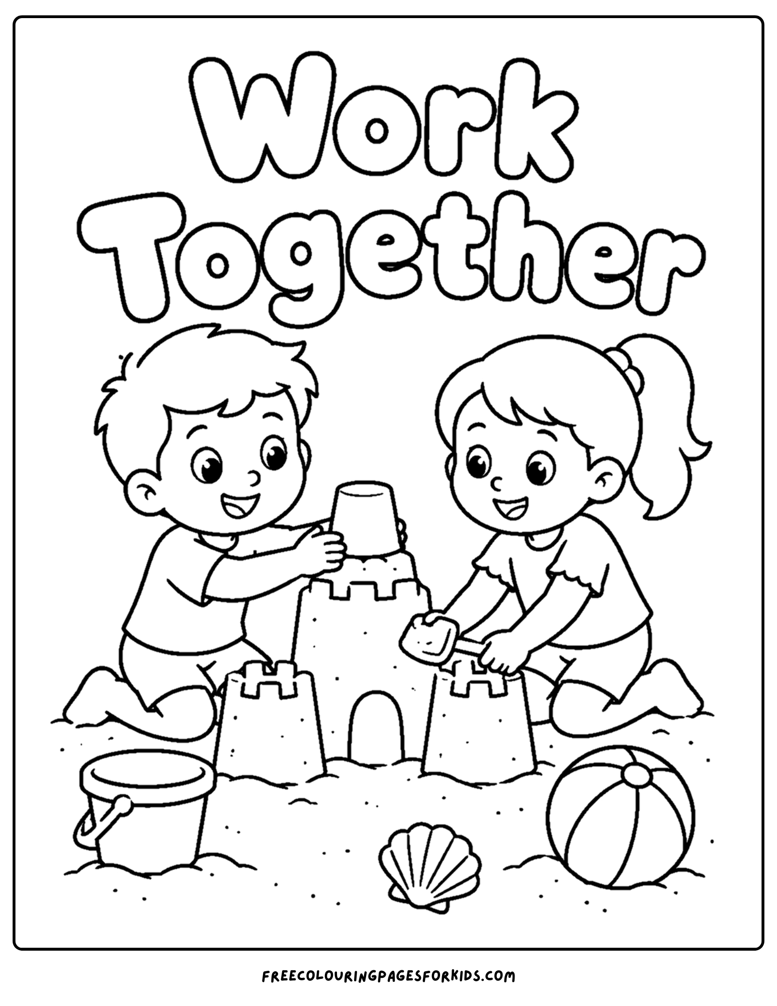a positive words coloring page showing the words work together showing two kids making a sandcastle