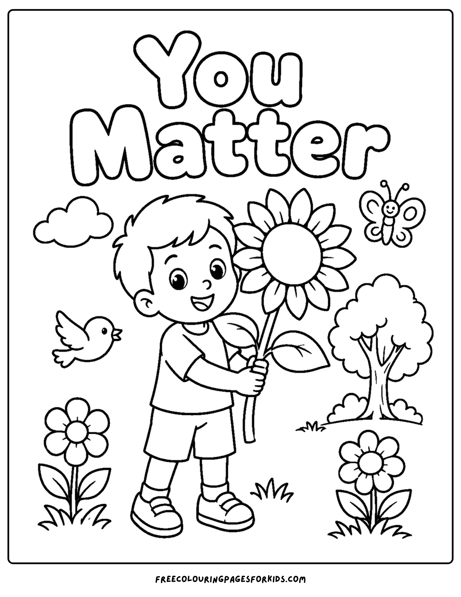 a positive words coloring page showing the words you matter with a child holding a flower