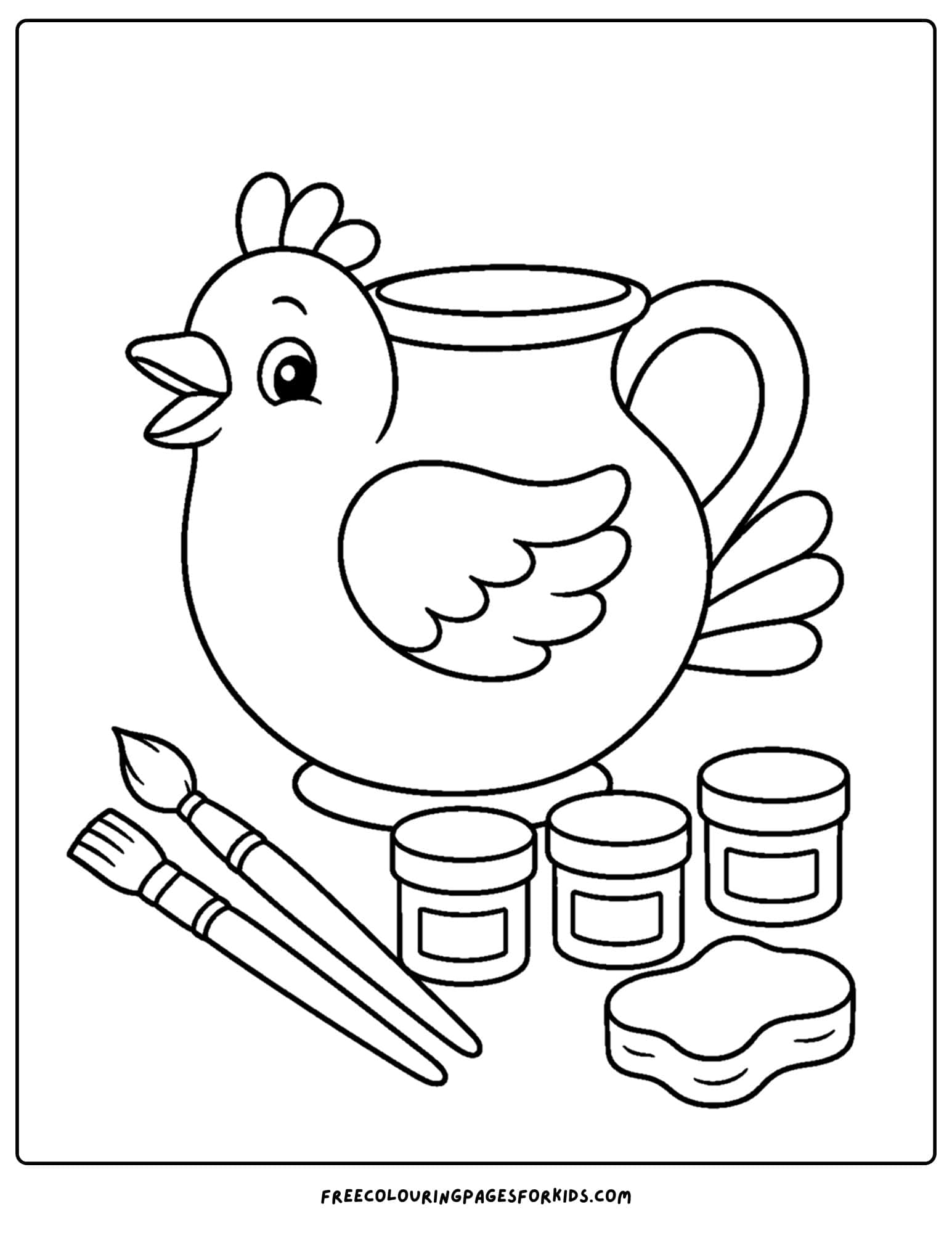 a pottery coloring page showing a jug shaped like a chicken