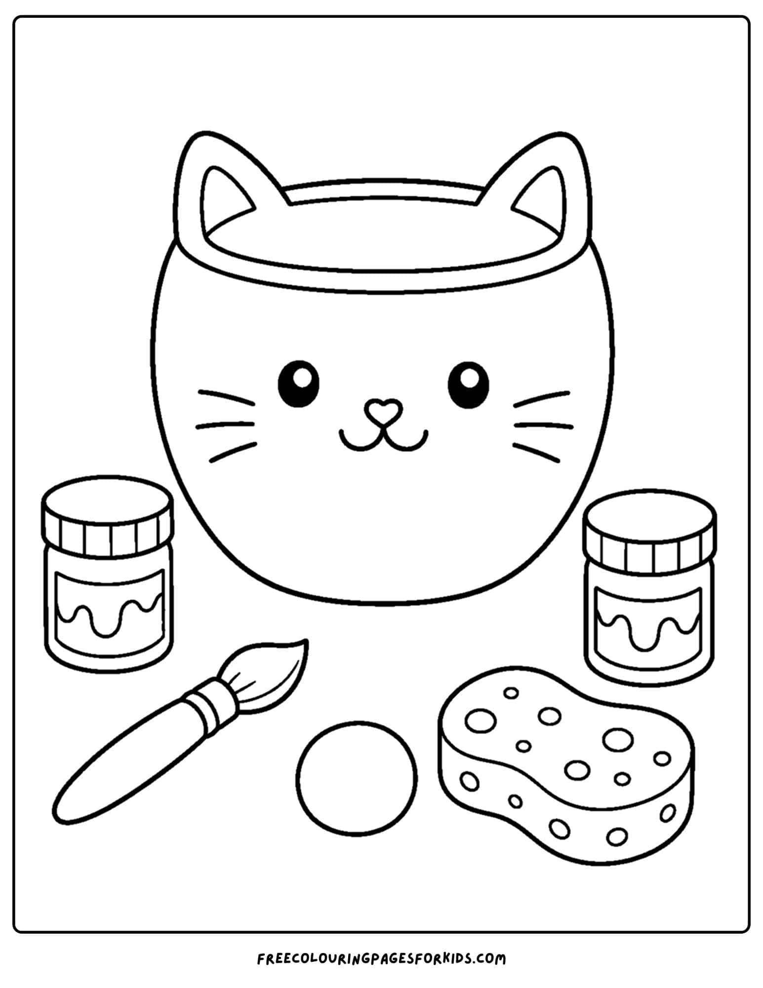 a pottery coloring page showing a cup shaped like a cat