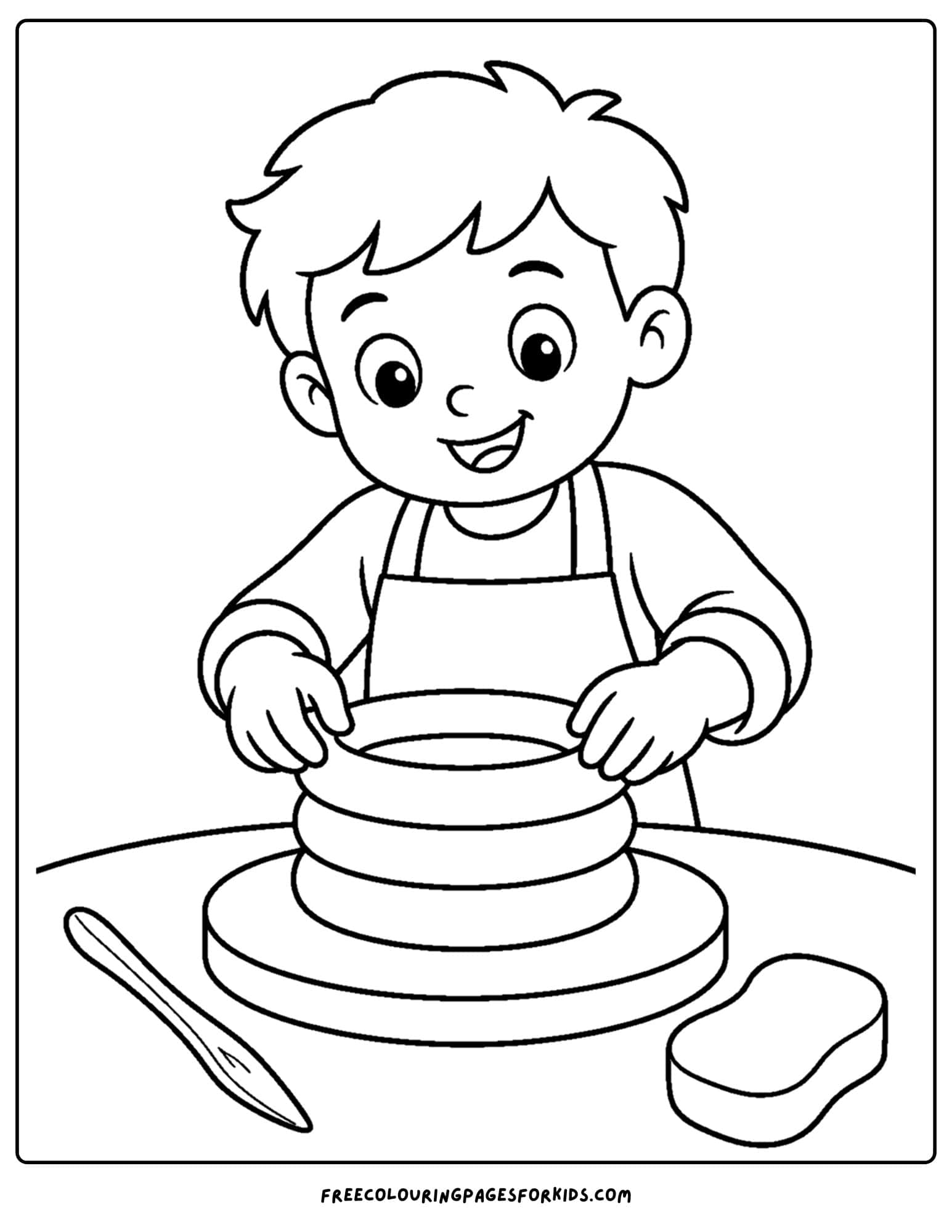 a pottery coloring page showing a child coiling clay to make a pot