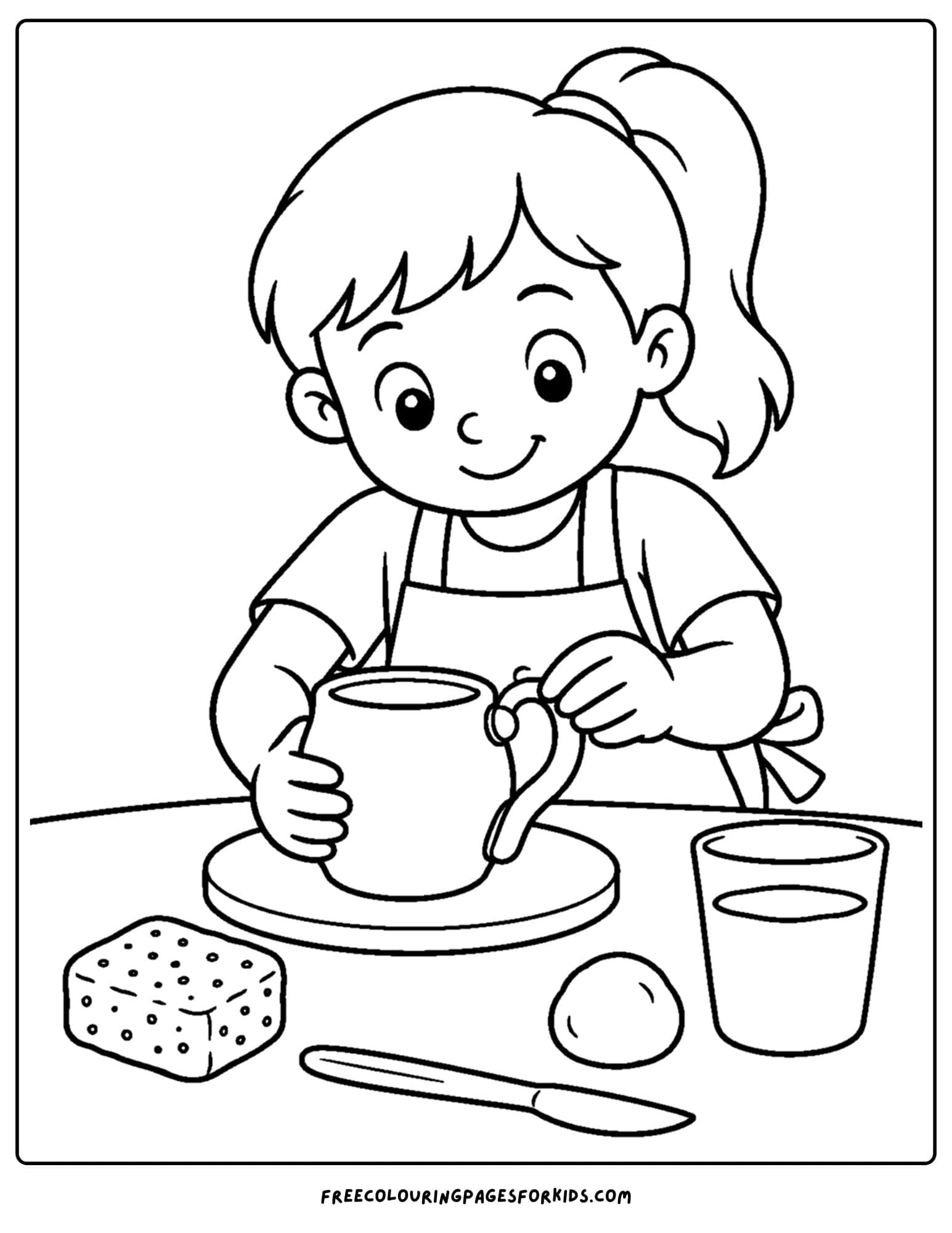 a pottery coloring page showing a child attaching a handle to a cup