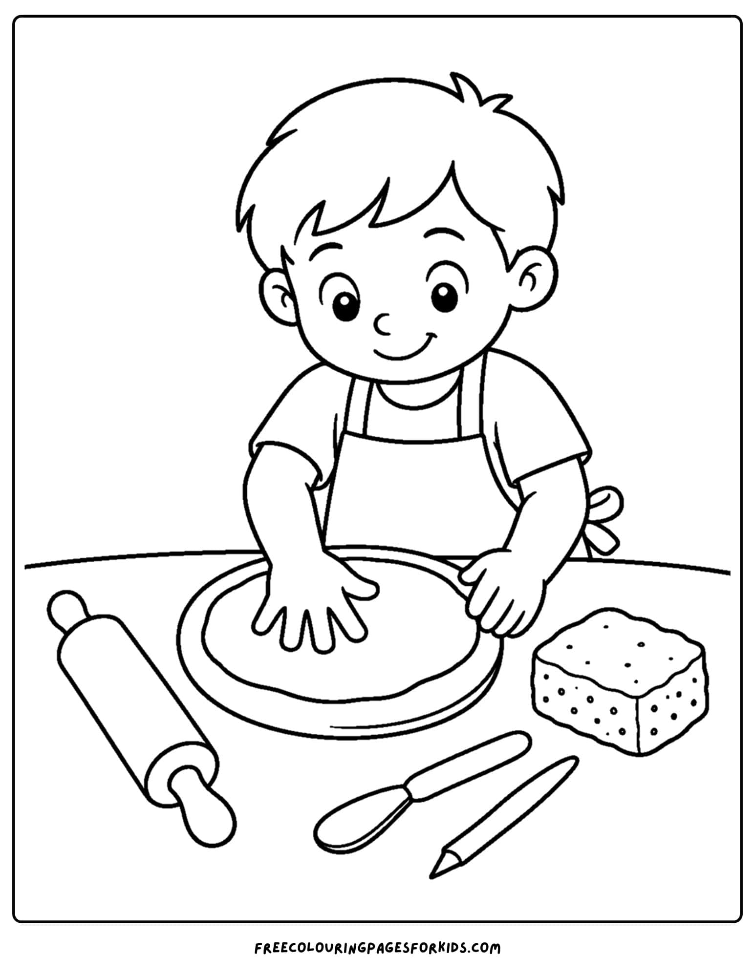 a pottery coloring page showing a child making a hand print in some clay