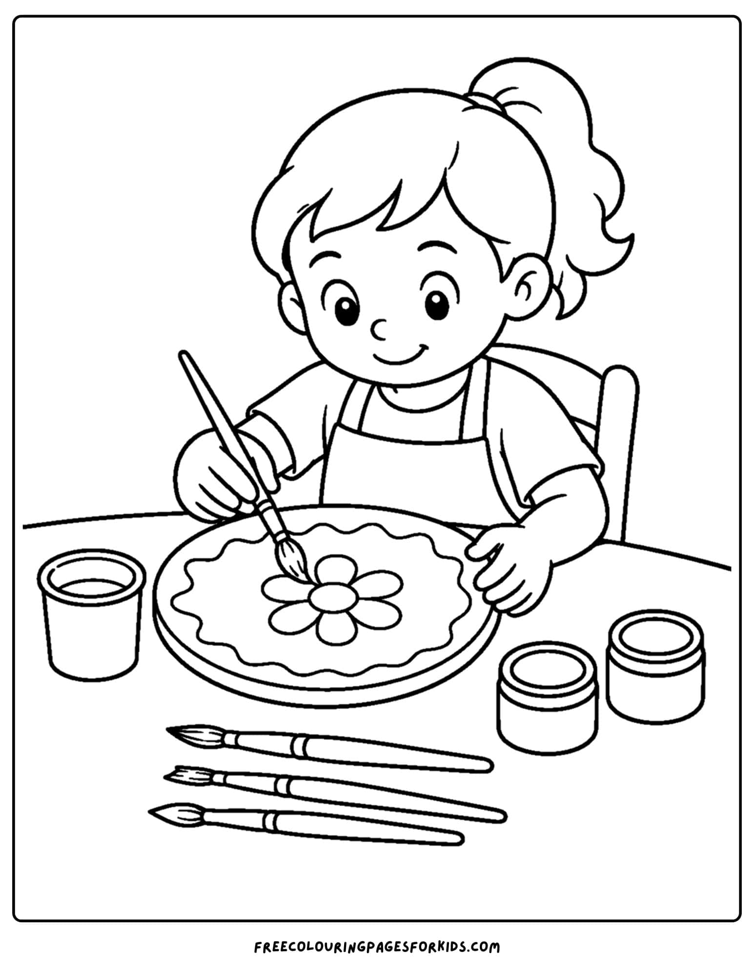 a pottery coloring page showing a child decorating a clay plate