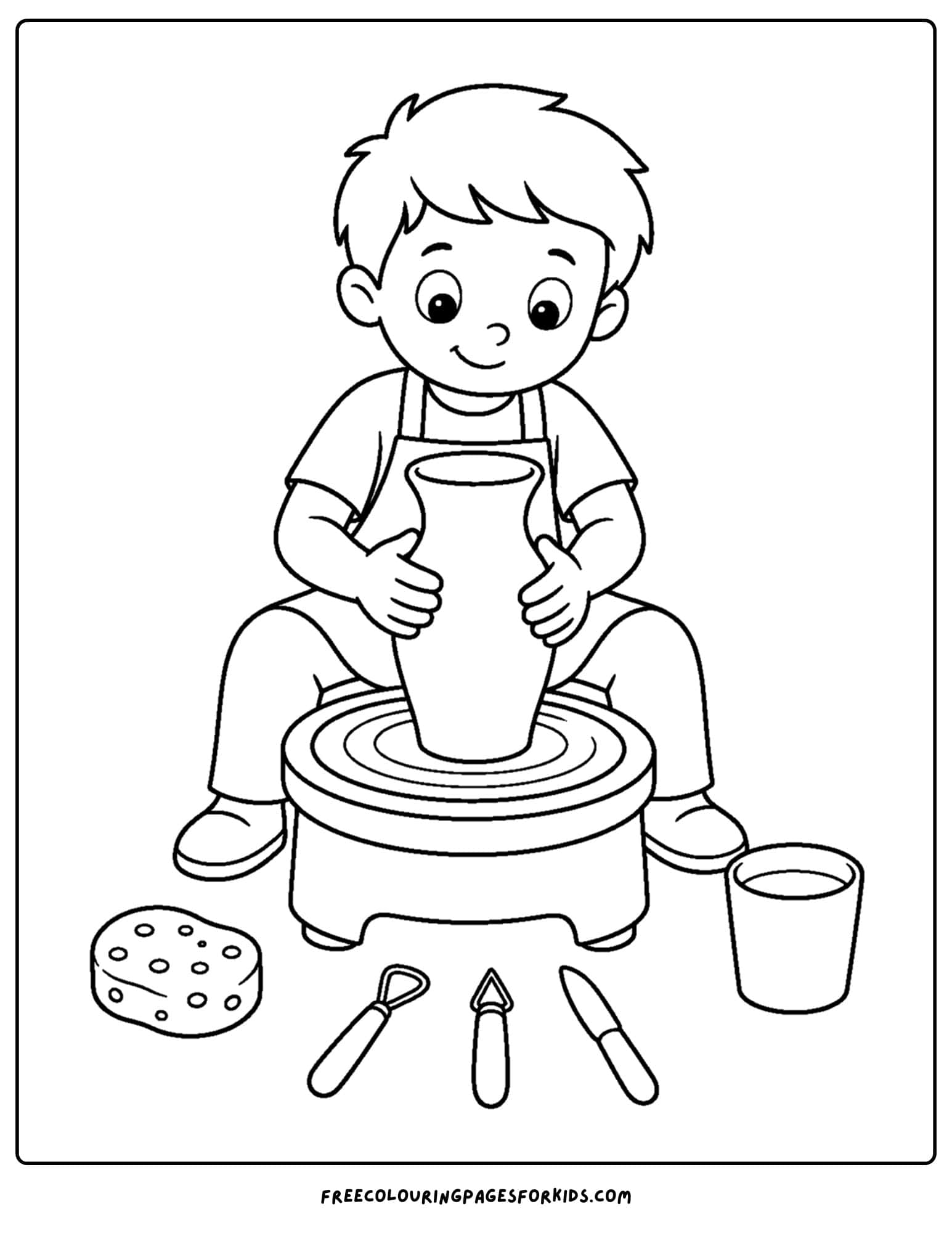 a pottery coloring page showing a child making a vase on the pottery wheel