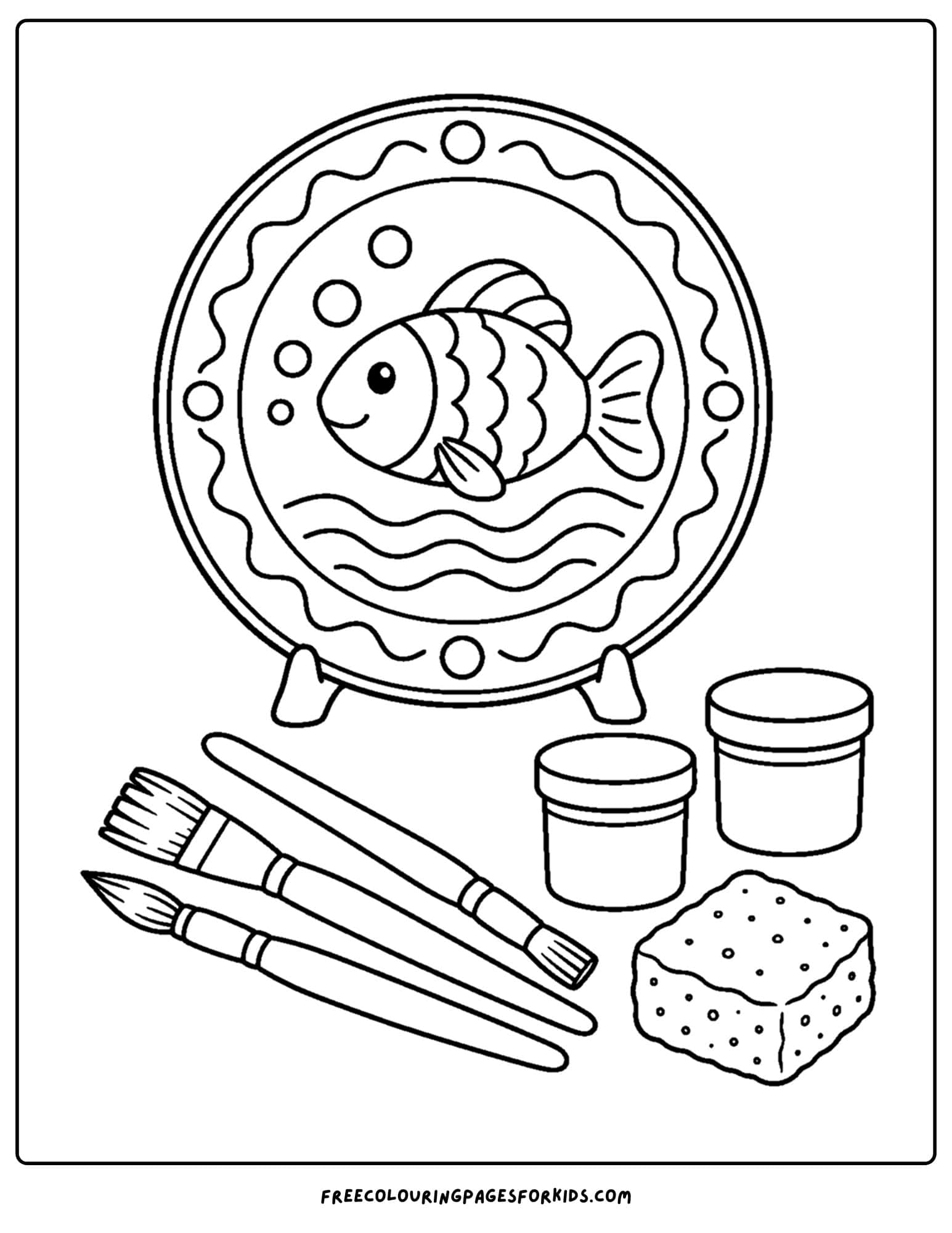a pottery coloring page showing a decorated plate with a fish design on it