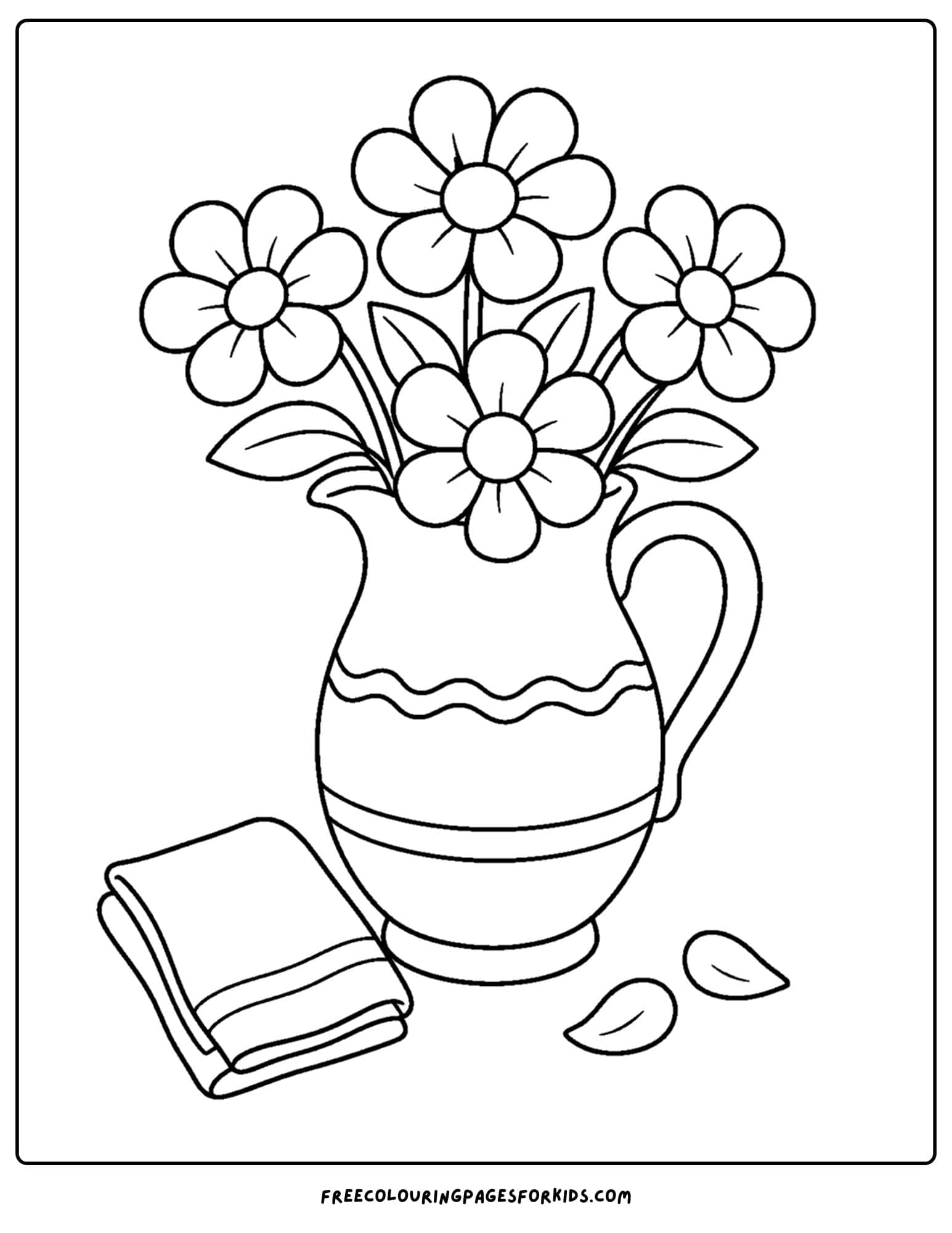 a pottery coloring page showing a water pitcher filled with flowers