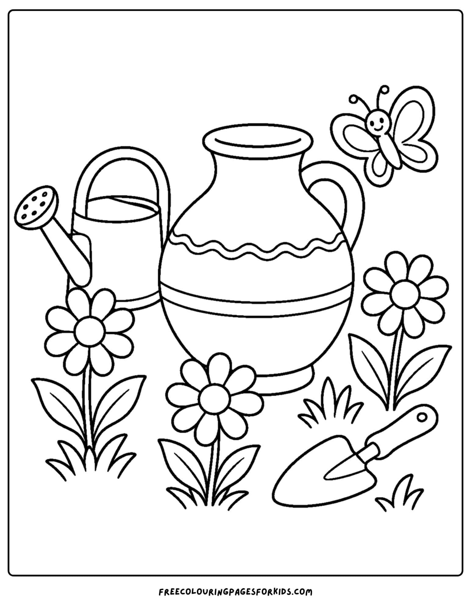 a pottery coloring page showing a garden water jug with flowers around